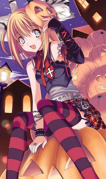 1girl, belt, blonde hair, blue eyes, blush, bow, bracelet, camisole, elbow gloves, female focus, gloves, halloween, jack-o'-lantern, jewelry, mask, necktie, open mouth, orange hair, patterned legwear, plaid clothes, plaid skirt, pleated skirt, ring, short hair, sitting, skirt, striped clothes, striped thighhighs, thighhighs, wallet chain
