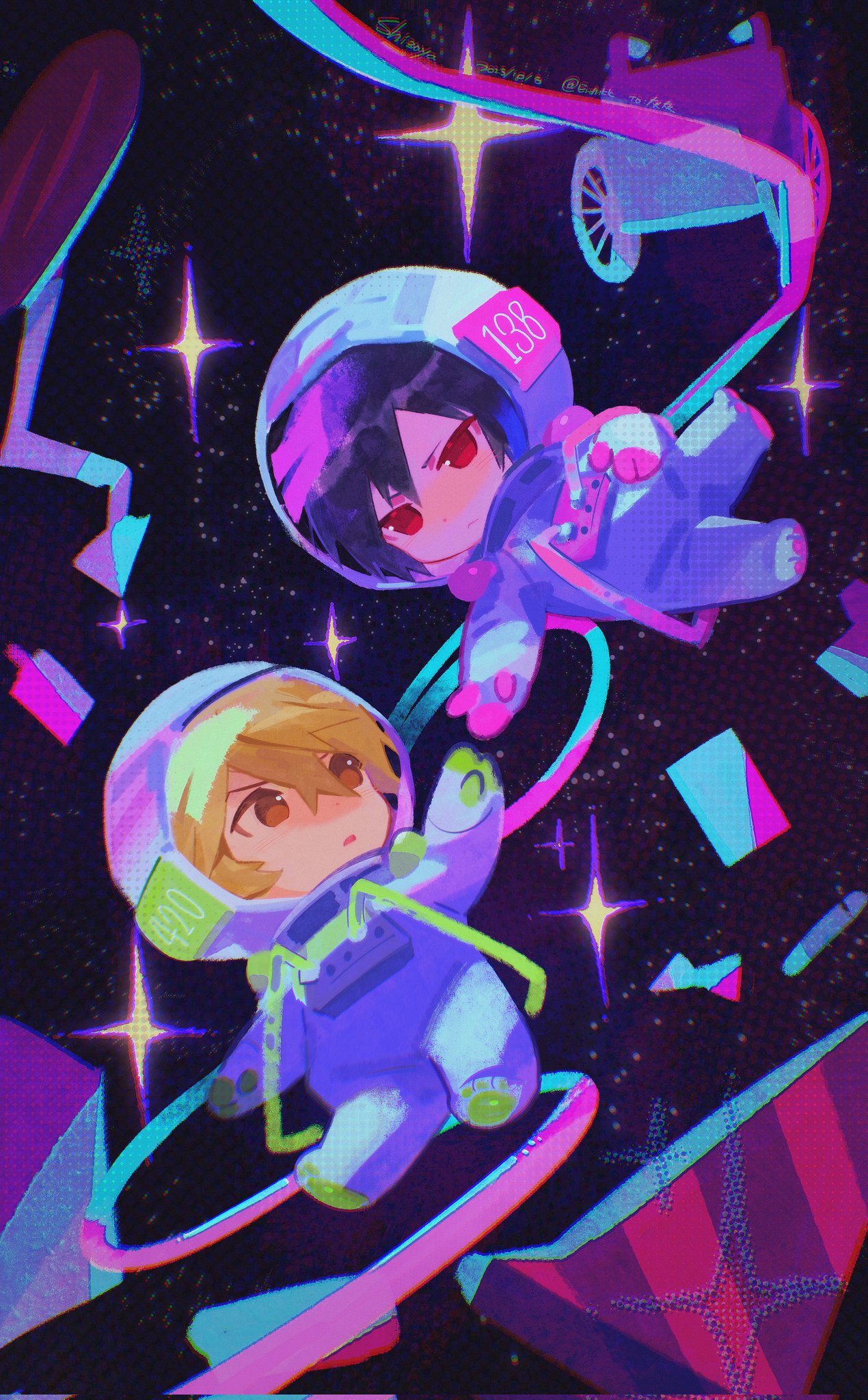 eromkk, heiwajima shizuo, orihara izaya, durarara!!, corrupted twitter file, highres, 2boys, astronaut, blonde hair, eye contact, floating, helmet, looking at another, male focus, multiple boys, open mouth, outstretched arm, parted bangs, red eyes, short hair, space, space helmet, spacesuit, star (sky)
