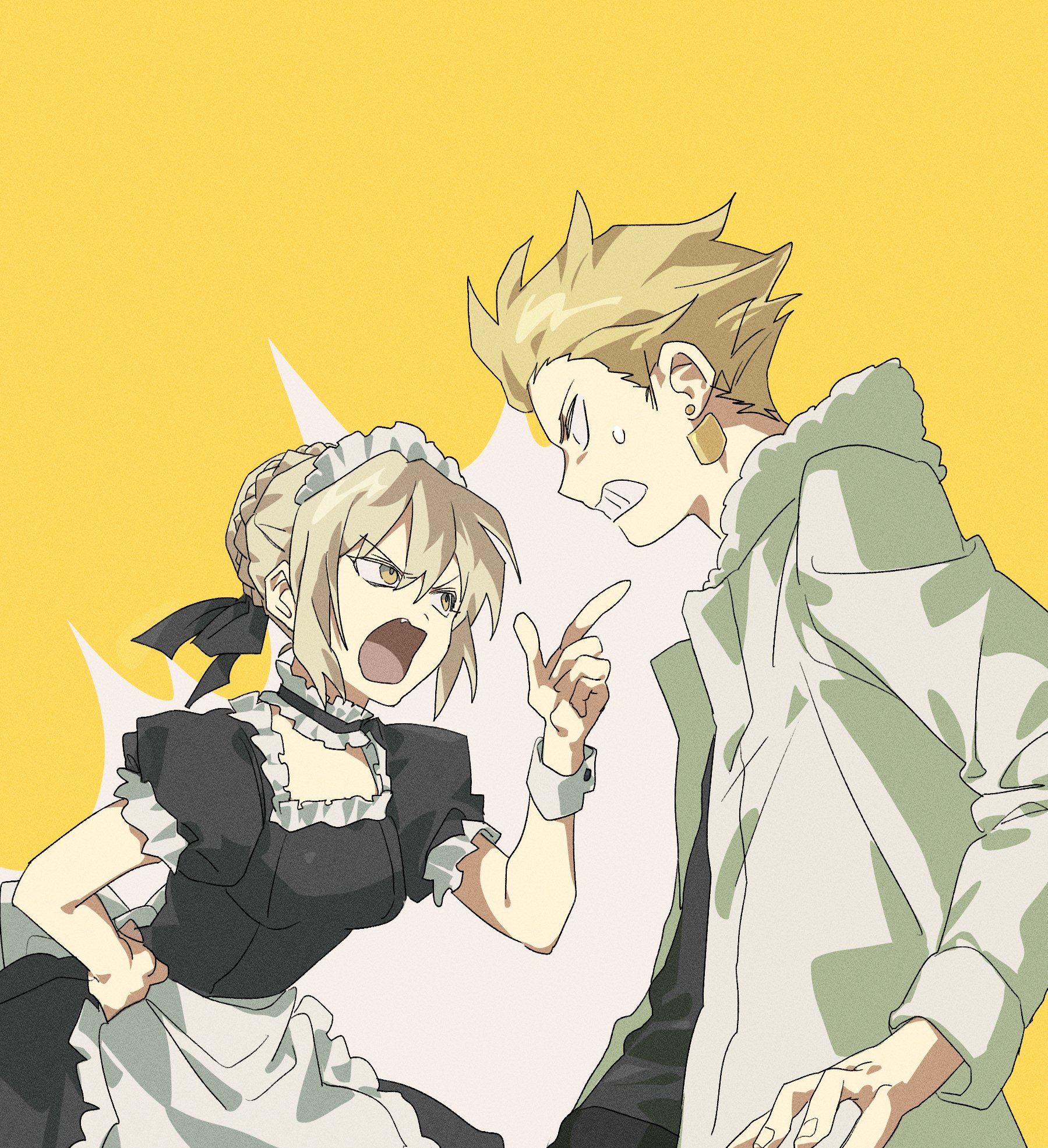 0304rong0304, artoria pendragon (fate), gilgamesh (fate), saber alter, carnival phantasm, fate/stay night, fate (series), commentary request, highres, korean commentary, 1boy, 1girl, apron, black dress, blonde hair, braid, breasts, bun with braided base, choker, clenched teeth, coat, dress, earrings, fur-trimmed coat, fur trim, hair bun, hair ribbon, hand up, height difference, jewelry, maid, maid headdress, medium breasts, open mouth, pointing, ribbon, single hair bun, single wrist cuff, teeth, waist apron, white coat, wrist cuffs, yellow eyes