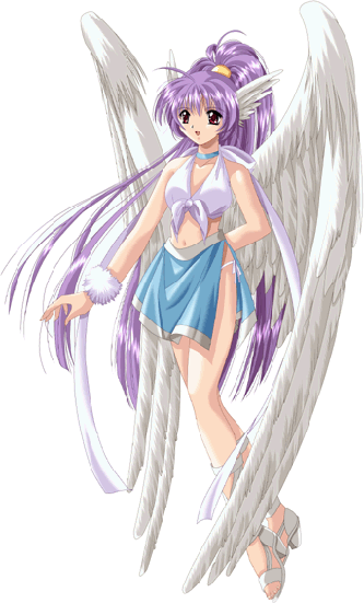 angel, choker, long hair, navel, ponytail, purple hair, red eyes, sandals, thighhighs, wings