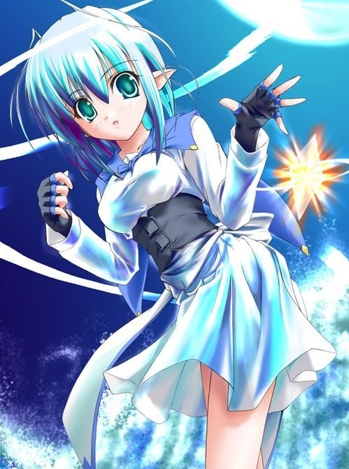 onsokuzekuu, crystal, gloves, green eyes, green hair, pointy ears, short hair, surprised