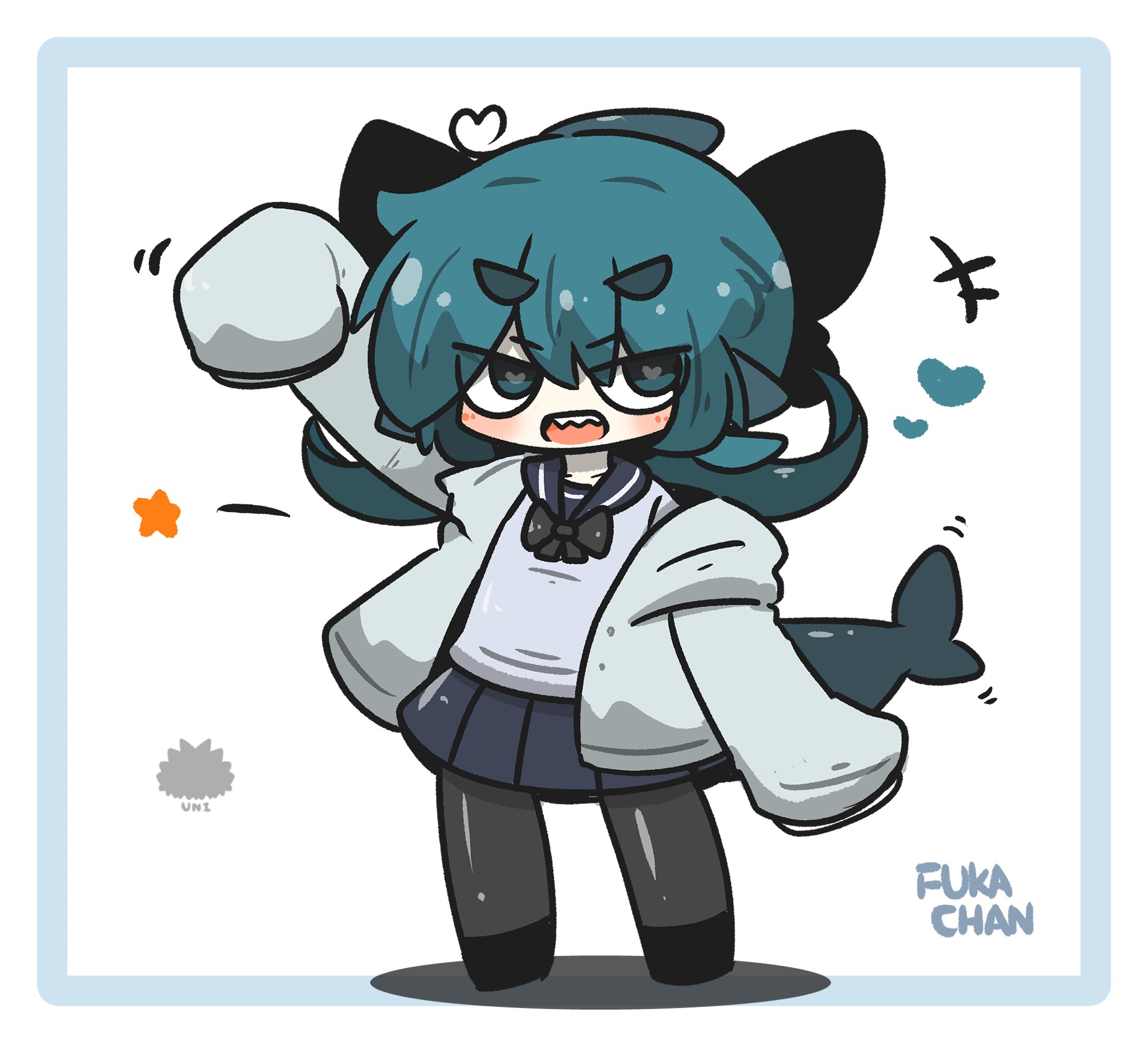 uni souchou, fuka-chan, original, commentary request, highres, +++, 1girl, :d, arm up, black bow, black sailor collar, black shoes, black skirt, blue border, blue eyes, blue hair, blush, border, bow, character name, chibi, fins, fish tail, full body, grey jacket, grey pantyhose, hair between eyes, heart, heart-shaped pupils, hood, hood down, hooded jacket, jacket, long sleeves, looking at viewer, open clothes, open jacket, open mouth, pantyhose, pleated skirt, puffy long sleeves, puffy sleeves, sailor collar, shadow, shark tail, sharp teeth, shoes, short eyebrows, skirt, sleeves past fingers, sleeves past wrists, smile, solo, standing, star (symbol), symbol-shaped pupils, tail, teeth, thick eyebrows, v-shaped eyebrows, white background