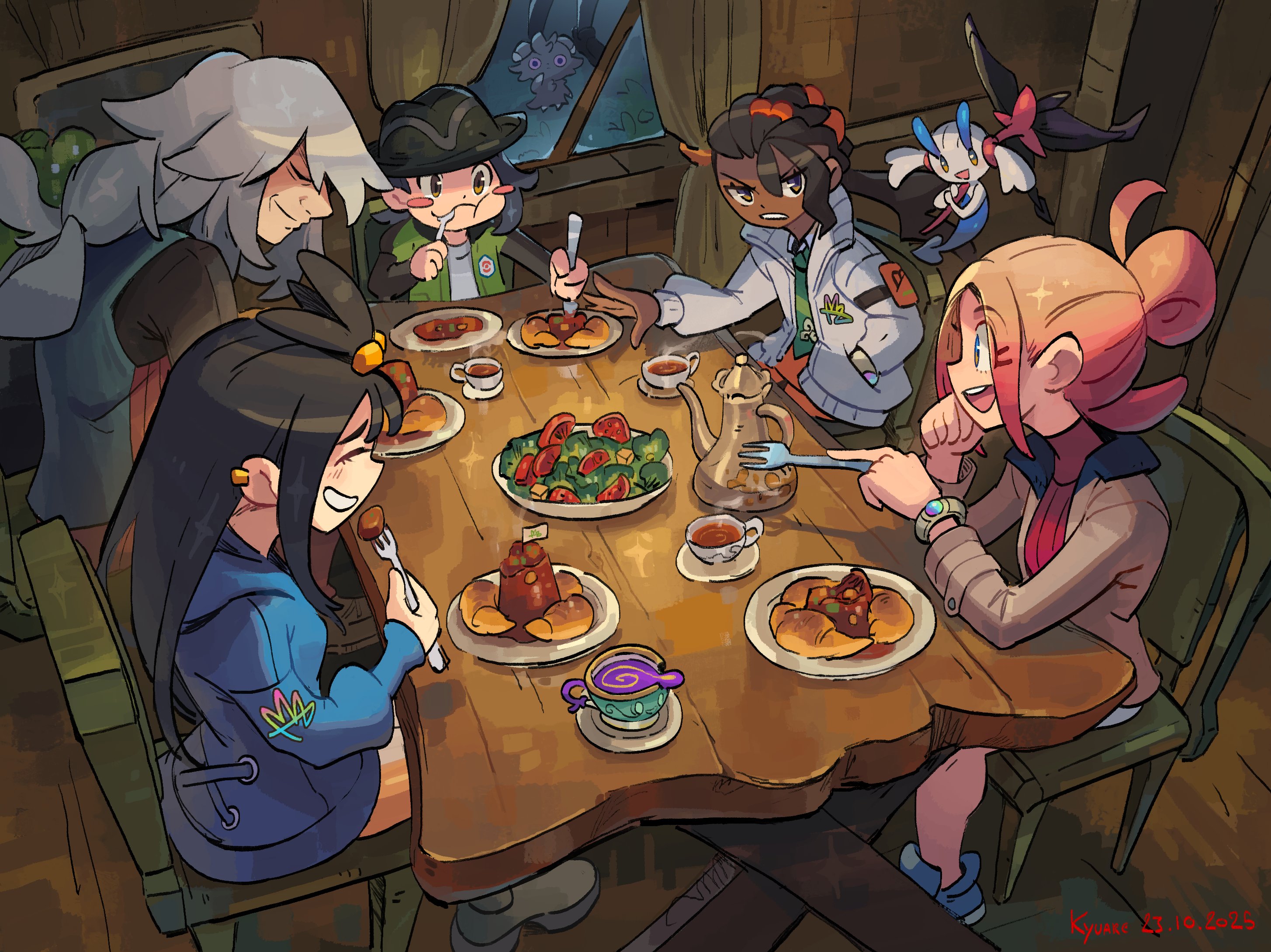kyuare, az (pokemon), espurr, floette, floette (eternal), lida (pokemon), naveen (pokemon), paxton (pokemon), taunie (pokemon), nintendo, pokemon, pokemon legends: z-a, commentary, english commentary, highres, 2girls, 3boys, black hair, black hat, blush stickers, closed mouth, dark-skinned male, dark skin, dated, food, fork, gen 6 pokemon, grey hair, hand in pocket, hat, holding, holding fork, indoors, jacket, long hair, multiple boys, multiple girls, pink hair, pocket, pokemon (creature), profile, signature, smile, table, window