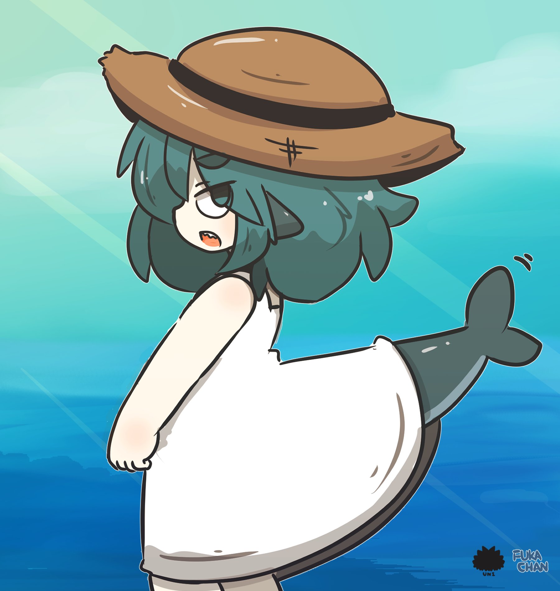 uni souchou, fuka-chan, original, commentary request, highres, 1girl, bare arms, bare shoulders, blue eyes, blue hair, blue sky, brown hat, character name, chibi, cloud, dress, fins, fish tail, from side, hair between eyes, hat, horizon, motion lines, ocean, open mouth, profile, sea urchin, shark tail, sharp teeth, short eyebrows, sky, sleeveless, sleeveless dress, solo, standing, tail, teeth, thick eyebrows, white dress