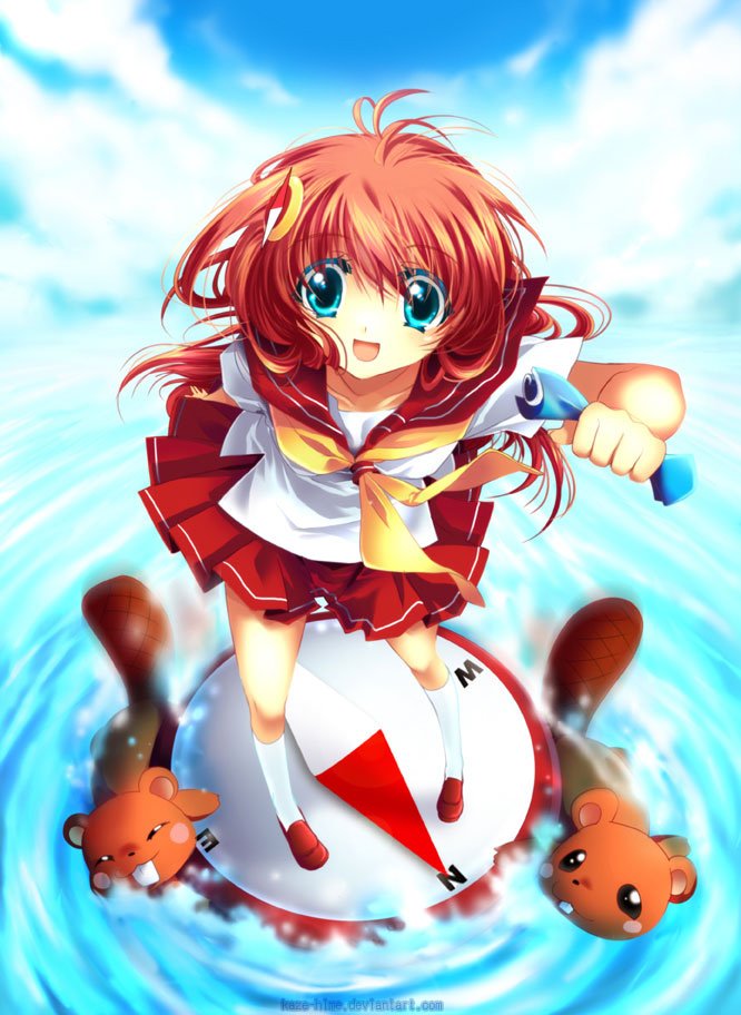 kaze-hime, hoppouno momiji, anime north, 1girl, animal, aqua eyes, compass, day, female focus, from above, green eyes, hair ornament, laughing, long hair, looking down, map, miniskirt, open mouth, pleated skirt, red hair, school uniform, serafuku, shoes, skirt, sky, smile, socks, solo, water