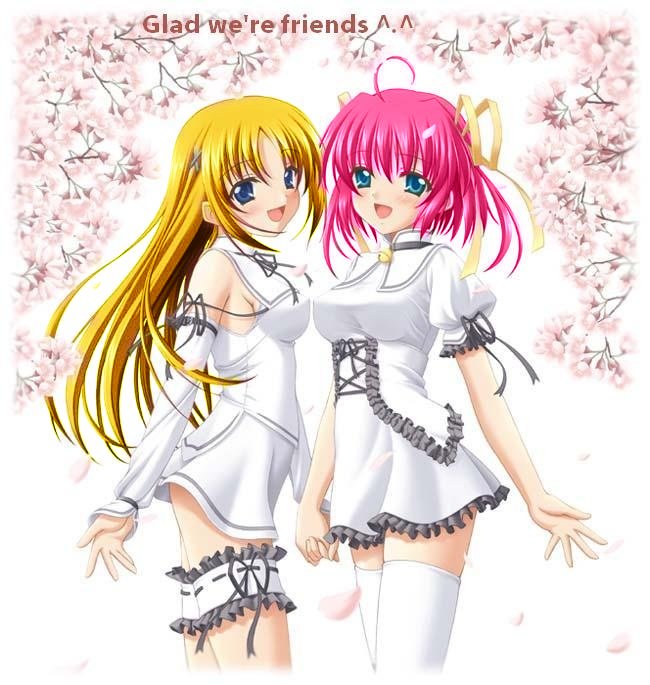 2girls, blonde hair, blue eyes, blush, dress, green eyes, hair ribbon, long hair, multiple girls, open mouth, pink hair, ribbon, short hair