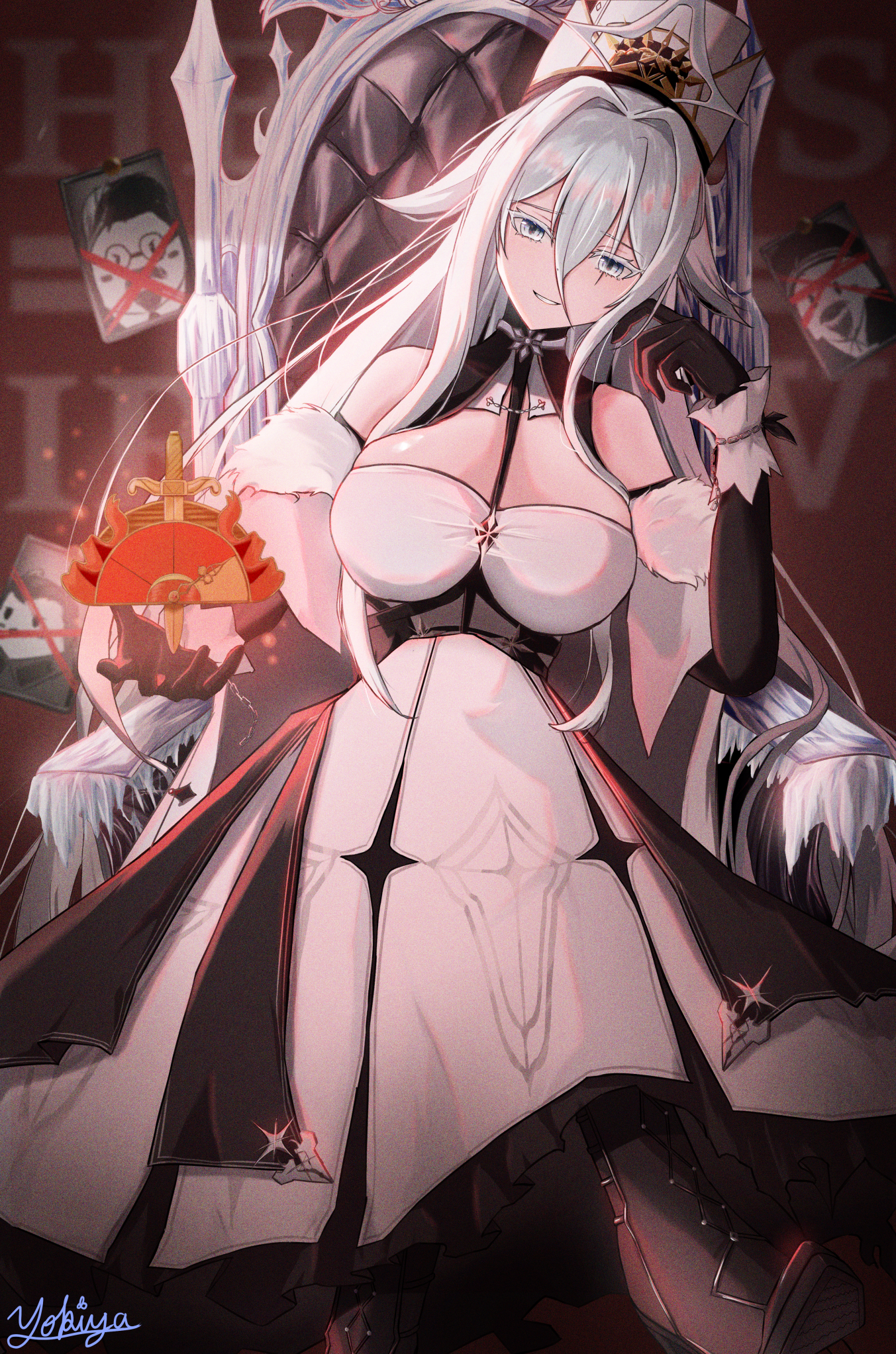 yokiya841, sovetsky soyuz (azur lane), azur lane, highres, mixed-language commentary, 1girl, black gloves, capelet, coat dress, colored eyebrows, dress, fur capelet, fur hat, gloves, hat, holding, long bangs, long hair, solo, white eyes, white hair