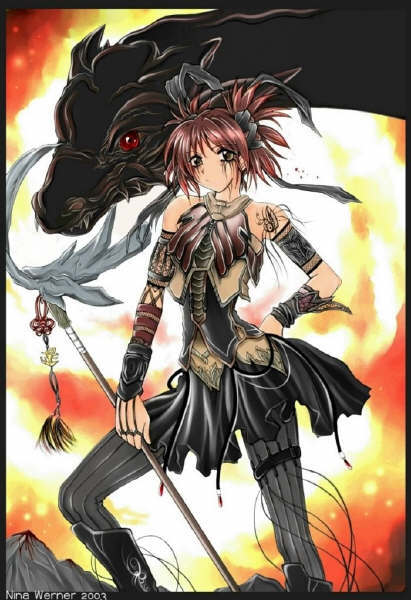 black dragon, dragon, elbow gloves, fingerless gloves, gloves, hair ribbon, hand on own hip, hip focus, red eyes, ribbon, short hair, staff, thighhighs