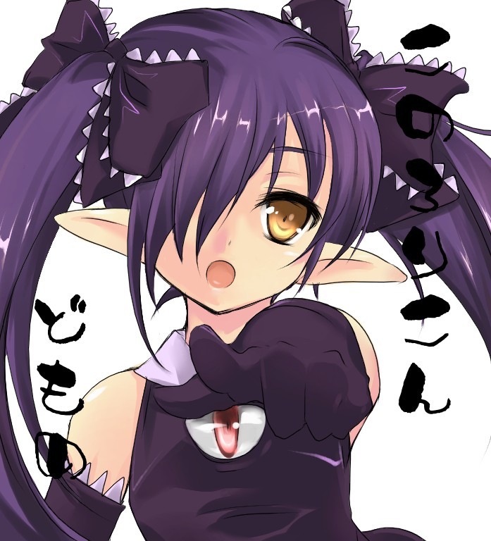 gloves, hair over one eye, hair ribbon, long hair, open mouth, pointing, pointy ears, purple hair, ribbon, yellow eyes