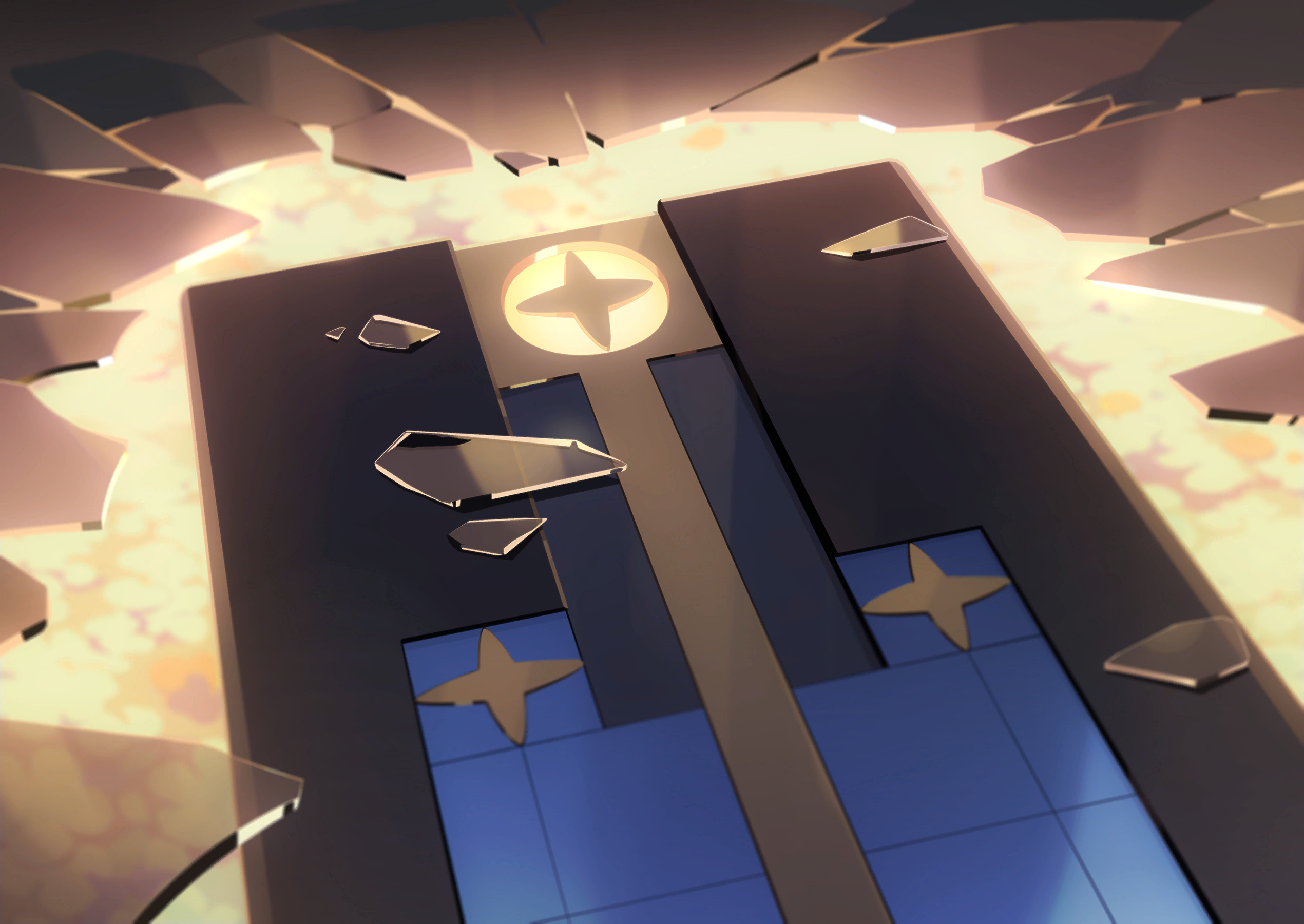 stella sora, game cg, highres, non-web source, official art, box, broken glass, close-up, glass, no humans