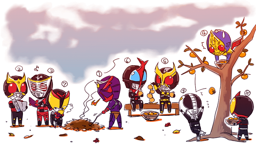 moi, kamen rider agito, kamen rider agito (ground form), kamen rider blade, kamen rider den-o, kamen rider den-o (plat form), kamen rider faiz, kamen rider hibiki, kamen rider kabuto, kamen rider kiva, kamen rider kuuga, kamen rider ryuki, kamen rider, kamen rider 555, kamen rider agito (series), kamen rider blade (series), kamen rider den-o (series), kamen rider hibiki (series), kamen rider kabuto (series), kamen rider kiva (series), kamen rider kuuga (series), kamen rider ryuki (series), 6+boys, belt, chibi, everyone, food, fruit, male focus, multiple boys, orange (fruit), persimmon, roasted sweet potato, sweet potato, tree
