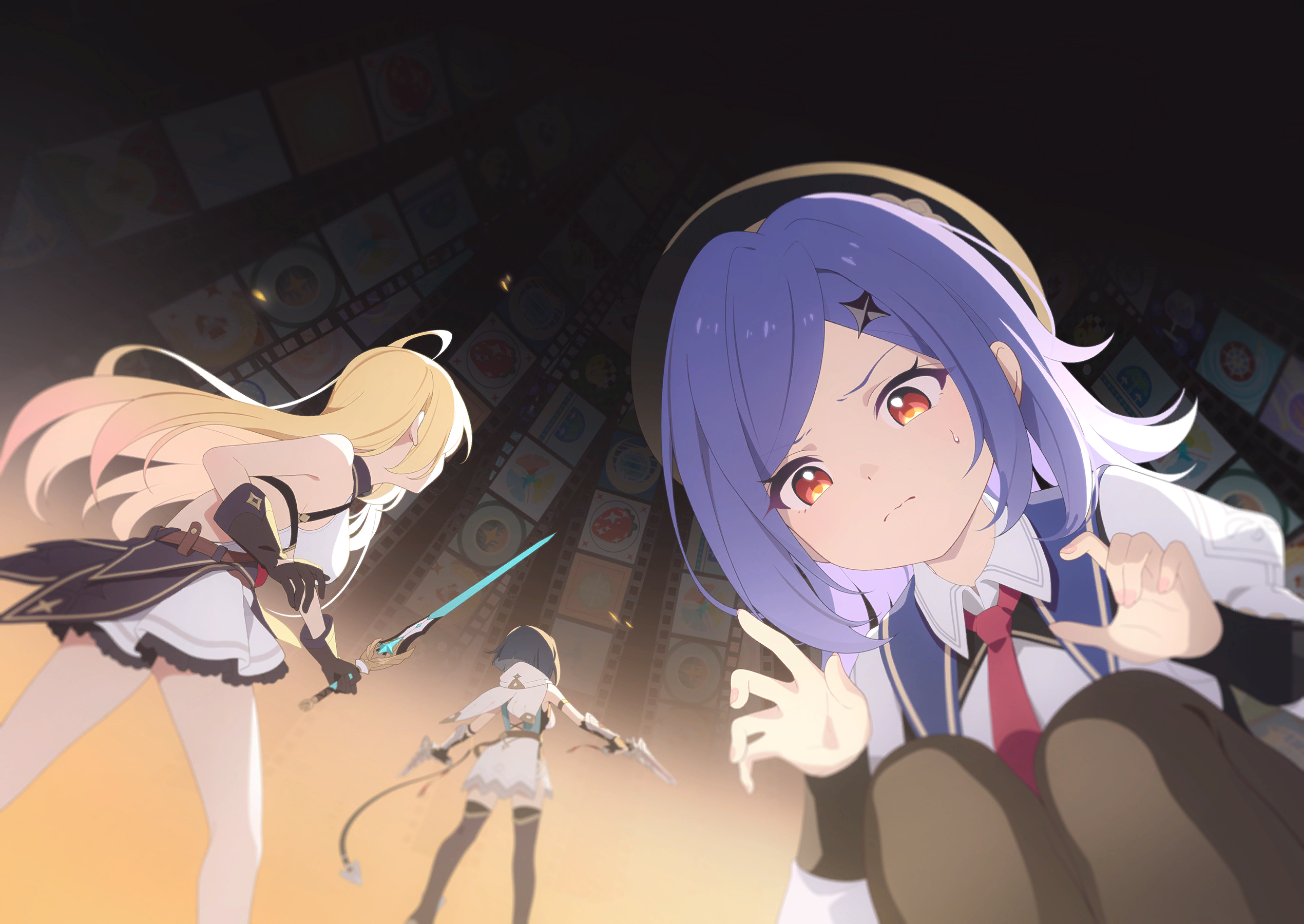 amber (stella sora), iris (stella sora), noya (stella sora), stella sora, game cg, highres, non-web source, official art, 3girls, backless shirt, bare shoulders, black hair, black hat, black thighhighs, blonde hair, bob cut, cape, collared shirt, from below, frown, gradient hair, gun, hat, holding, holding gun, holding sword, holding weapon, inverted bob, juliet sleeves, long hair, long sleeves, miniskirt, multicolored hair, multiple girls, necktie, orange eyes, parted bangs, pink hair, puffy sleeves, purple hair, red necktie, shirt, short hair, sideless shirt, skirt, sleeveless, sleeveless shirt, sweatdrop, sword, thighhighs, weapon, white cape, white shirt, white skirt