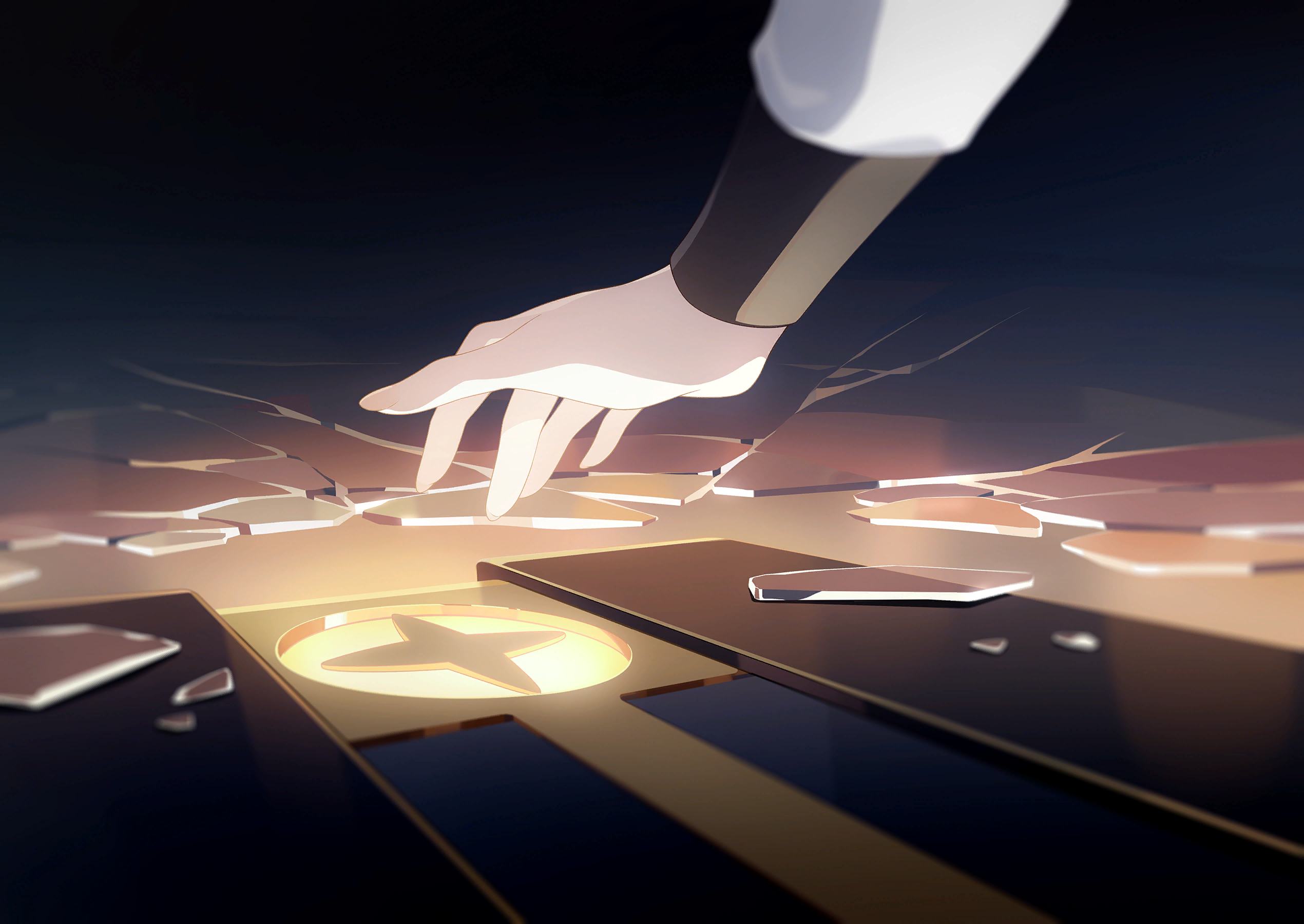 iris (stella sora), stella sora, game cg, highres, non-web source, official art, 1girl, box, broken glass, close-up, glass, hand focus, long sleeves, reaching, solo