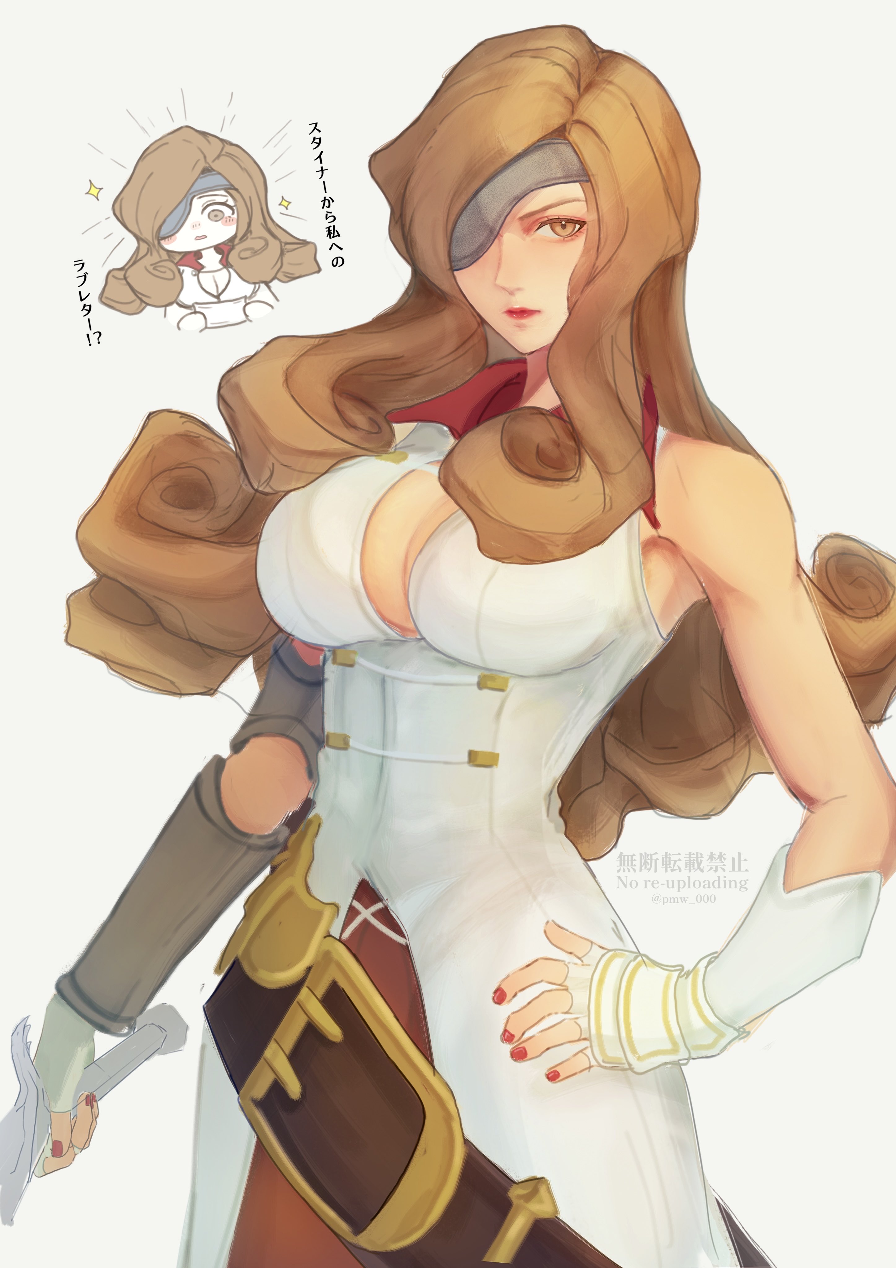 messa mo, beatrix (ff9), final fantasy, final fantasy ix, absurdres, highres, 1girl, bare shoulders, belt, blush, breasts, brown eyes, brown hair, brown pants, chibi, chibi inset, cleavage, closed mouth, curly hair, eyepatch, fingerless gloves, gloves, hand on own hip, holding, holding sword, holding weapon, large breasts, long hair, looking at viewer, loose belt, multiple views, nail polish, pants, red lips, red nails, sword, vest, weapon, white background, white gloves, white vest