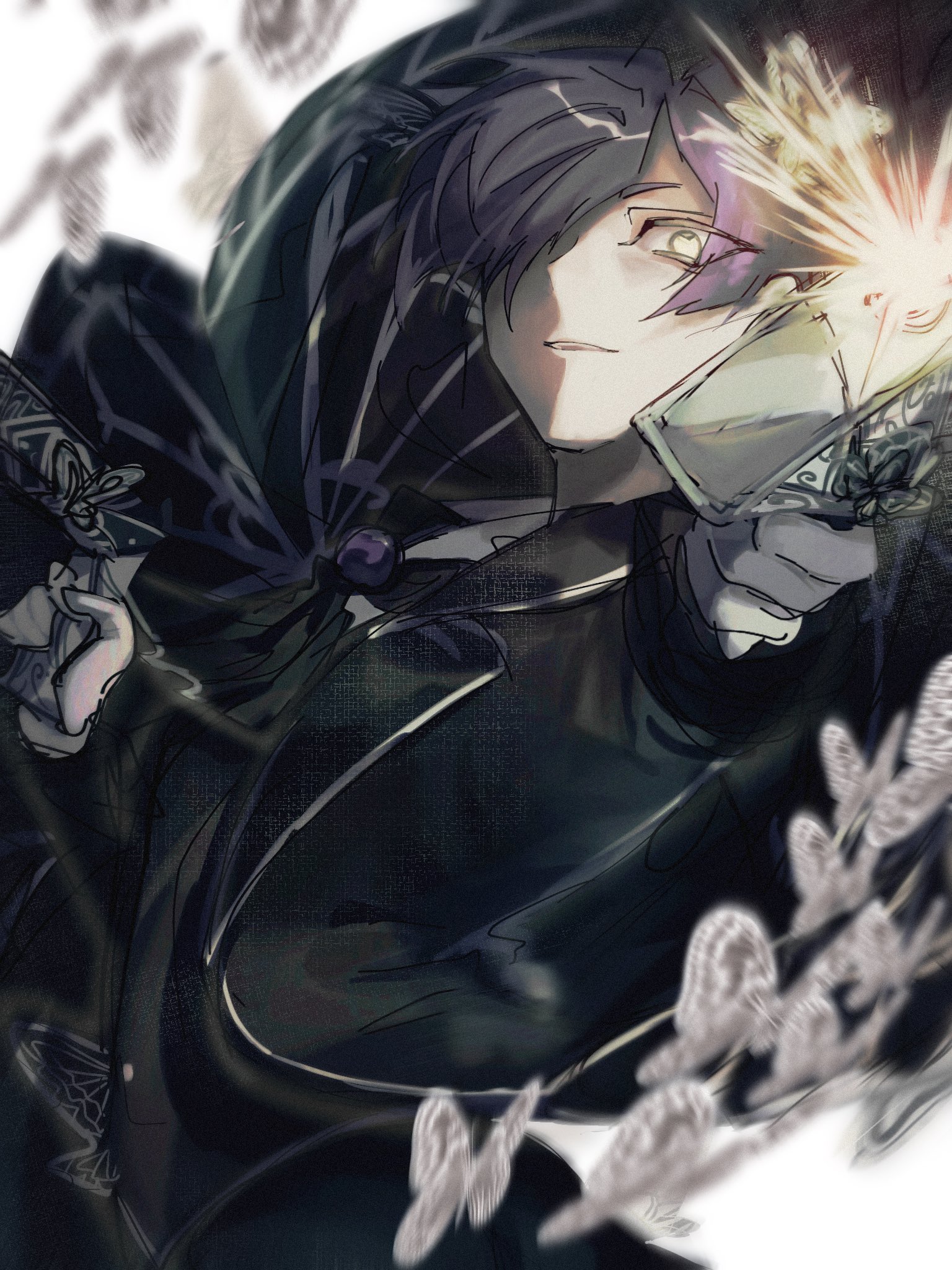 yesod (project moon), library of ruina, project moon, highres, 1boy, aiming, aiming at viewer, black butterfly, black coat, blurry, brooch, bug, butterfly, coat, dual wielding, e.g.o (project moon), firing, floating clothes, gloves, glowing, glowing eyes, gun, hair over one eye, handgun, holding, holding gun, holding weapon, insect, jewelry, long sleeves, looking at viewer, male focus, muzzle flash, parted lips, purple hair, shirt, short hair, smile, solemn lament (e.g.o), solo, tanakapppe, weapon, white background, white butterfly, white gloves, white shirt, white trim, yellow eyes