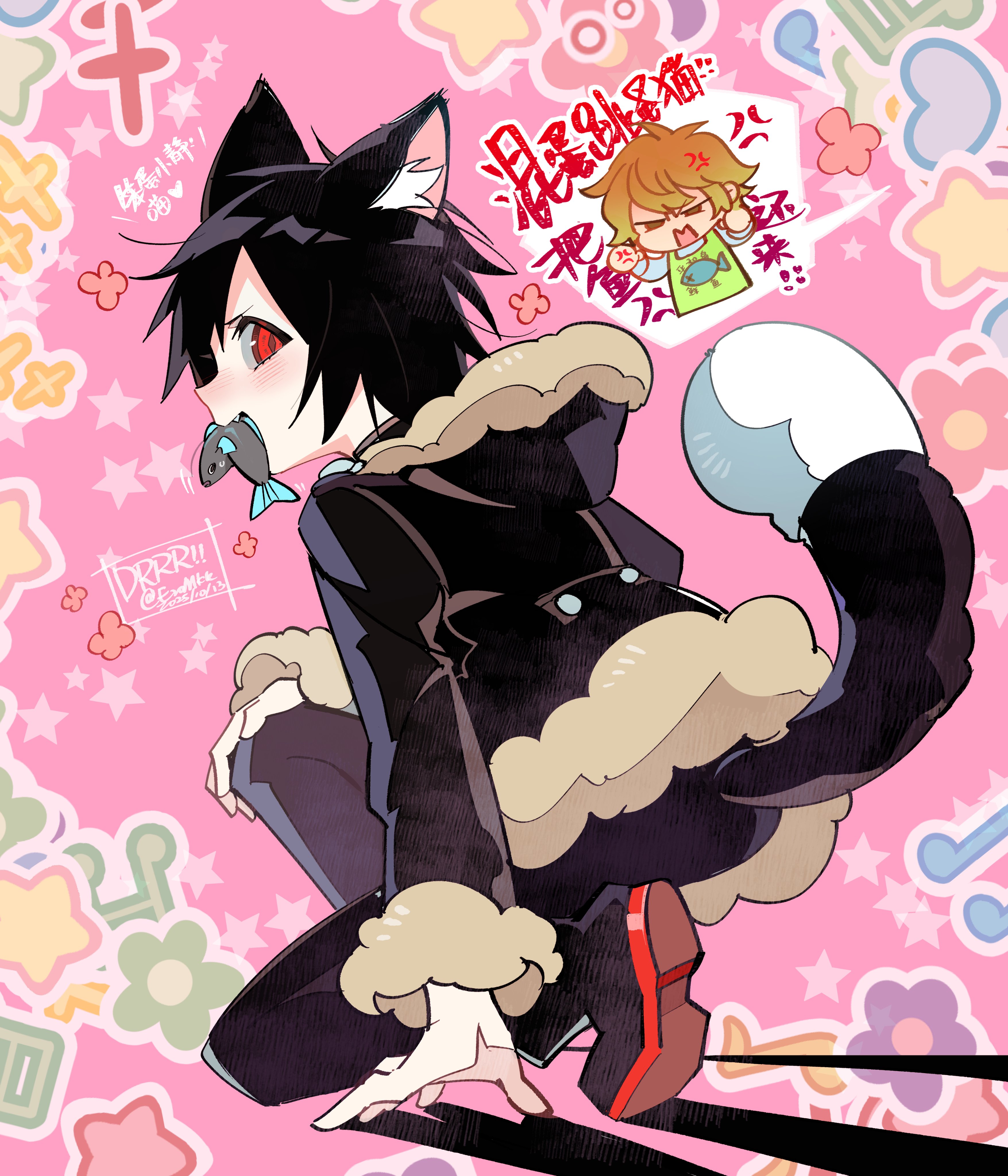 eromkk, heiwajima shizuo, orihara izaya, durarara!!, absurdres, highres, translation request, 2boys, anger vein, animal ears, apron, arm support, black jacket, black pants, blonde hair, brown fur, cat boy, cat ears, cat tail, dated, fish, fish in mouth, flower, full body, fur-trimmed hood, fur-trimmed sleeves, fur trim, girly boy, hand on own knee, heart, hood, hood down, hooded jacket, jacket, kemonomimi mode, kneeling, looking back, male focus, multiple boys, musical note, open mouth, pants, parted bangs, red eyes, slit pupils, star (symbol), tail, trap, twitter username