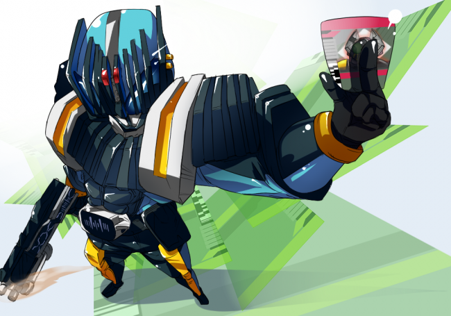 denji (mugitomato), kamen rider diend, kamen rider, kamen rider dcd, bad id, bad pixiv id, 1boy, card, holding, holding card, male focus, solo