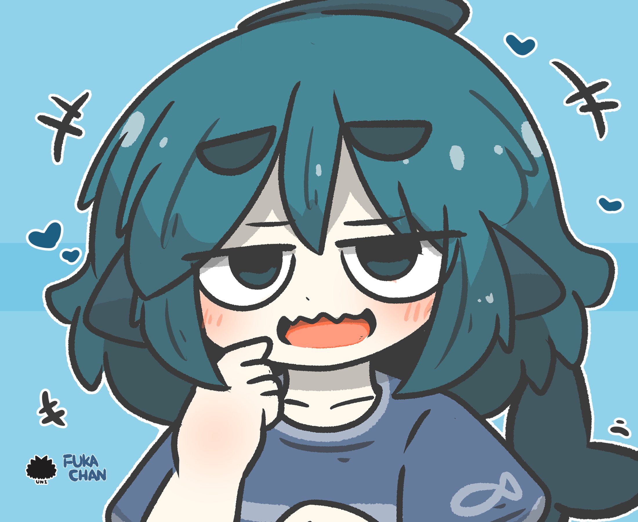 uni souchou, fuka-chan, original, commentary request, highres, +++, 1girl, :d, blue background, blue eyes, blue hair, blue shirt, blush, character name, chibi, fins, fish tail, hair between eyes, hand up, heart, long hair, looking at viewer, motion lines, open mouth, outline, sea urchin, shark tail, sharp teeth, shirt, short eyebrows, short sleeves, smile, solo, tail, teeth, thick eyebrows, upper body, white outline