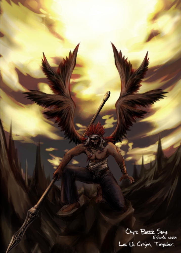 yamazaki kazu, canopus wolff, canopus wolph, artdink, tactics ogre, bad id, bad pixiv id, 1boy, bandages, male focus, polearm, red hair, solo, spear, topless male, weapon, wings