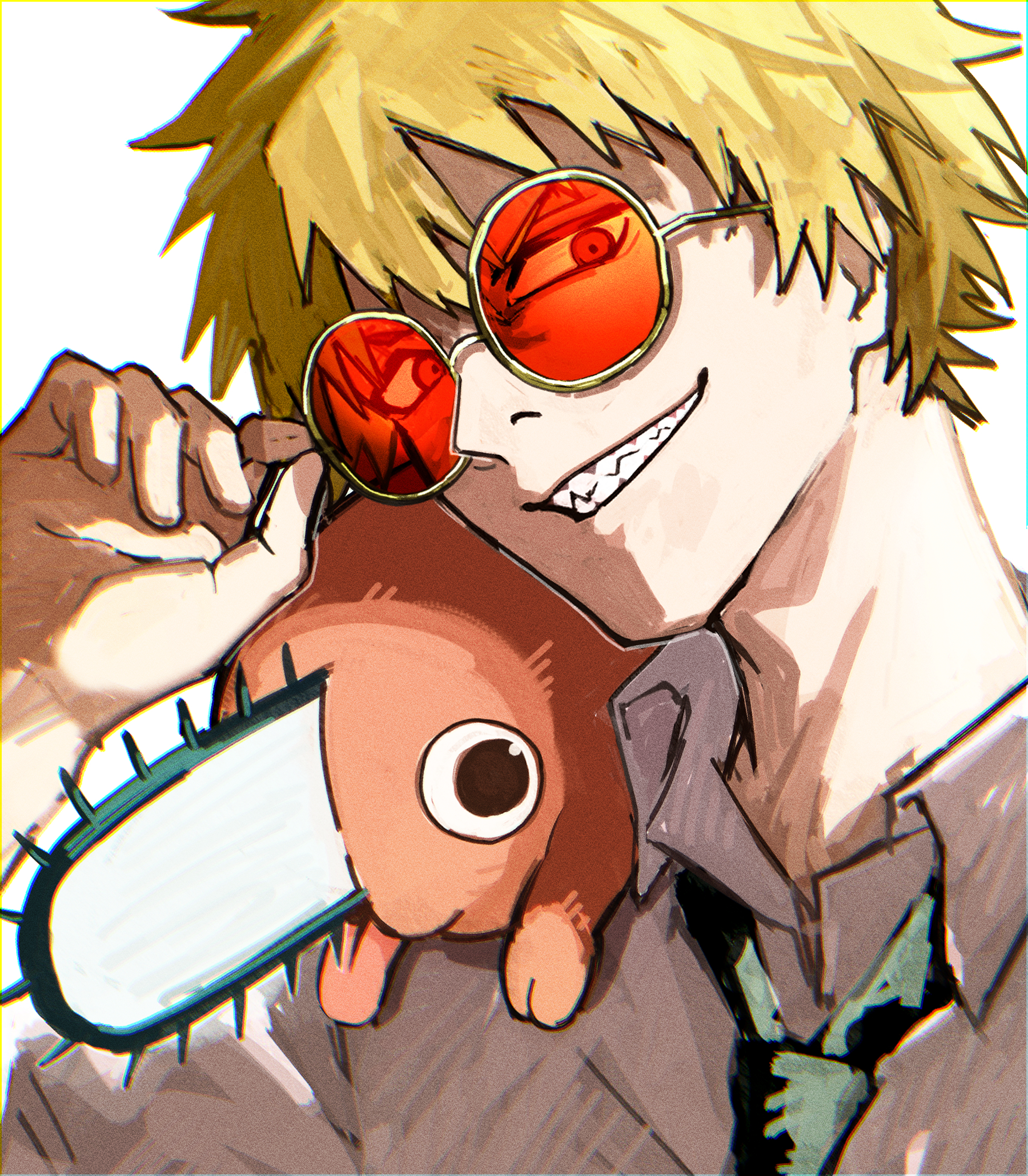 denji (chainsaw man), pochita (chainsaw man), chainsaw man, highres, 1boy, black necktie, blonde hair, chainsaw, grin, kawausotrpg, looking at viewer, male focus, necktie, red-tinted eyewear, round eyewear, sharp teeth, shirt, short hair, simple background, smile, sunglasses, teeth, tinted eyewear, tongue, tongue out, white background, white shirt