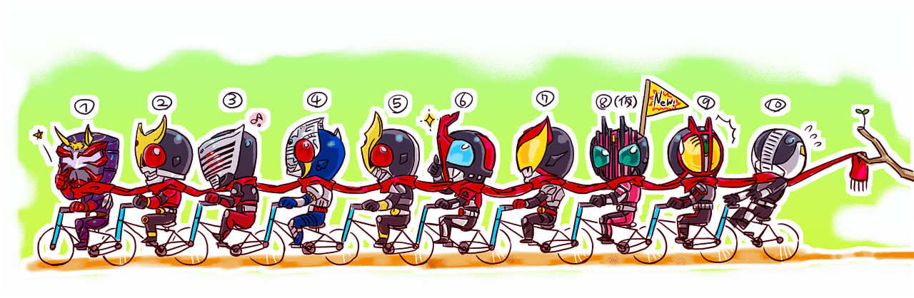 moi, kamen rider agito, kamen rider agito (ground form), kamen rider blade, kamen rider decade, kamen rider den-o, kamen rider den-o (plat form), kamen rider faiz, kamen rider hibiki, kamen rider kabuto, kamen rider kiva, kamen rider kuuga, kamen rider ryuki, kamen rider, kamen rider 555, kamen rider decade (series), 6+boys, belt, bicycle, chibi, everyone, male focus, multiple boys, scarf