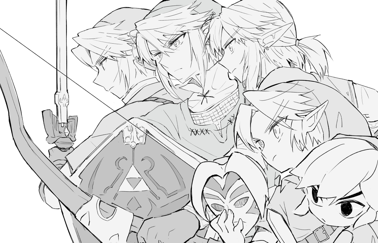 link, nintendo, the legend of zelda, the legend of zelda: breath of the wild, the legend of zelda: majora's mask, the legend of zelda: ocarina of time, the legend of zelda: the wind waker, the legend of zelda: twilight princess, bow (weapon), curtained hair, greyscale, hat, holding, holding bow (weapon), holding mask, holding shield, holding sword, holding weapon, hylian shield, kokeampk, mask, master sword, monochrome, multiple boys, pointy ears, profile, shield, sidelocks, sword, tunic, weapon