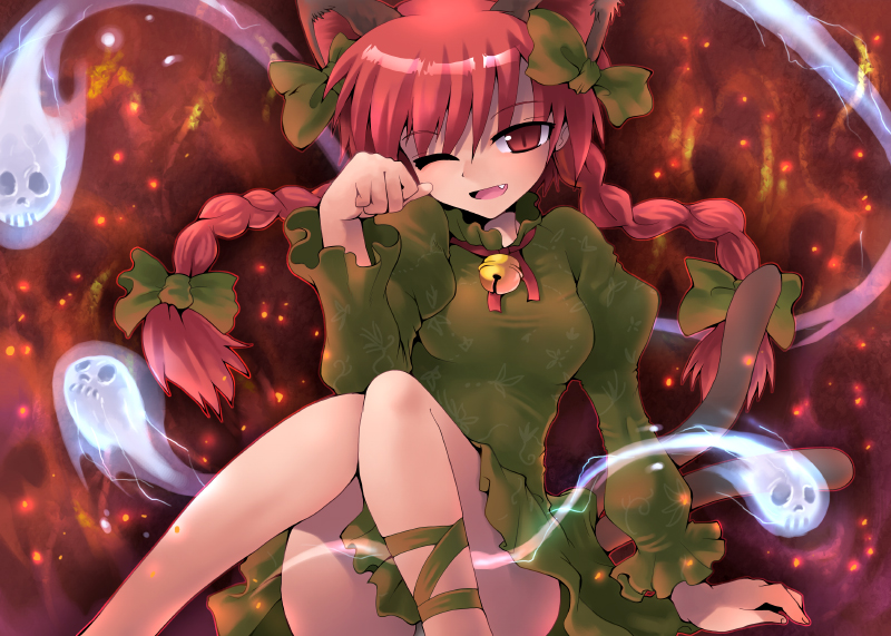 kurogarasu, kaenbyou rin, touhou, 1girl, animal ears, braid, cat ears, cat girl, cat tail, female focus, paw pose, red eyes, red hair, sitting, solo, tail, twin braids, wink
