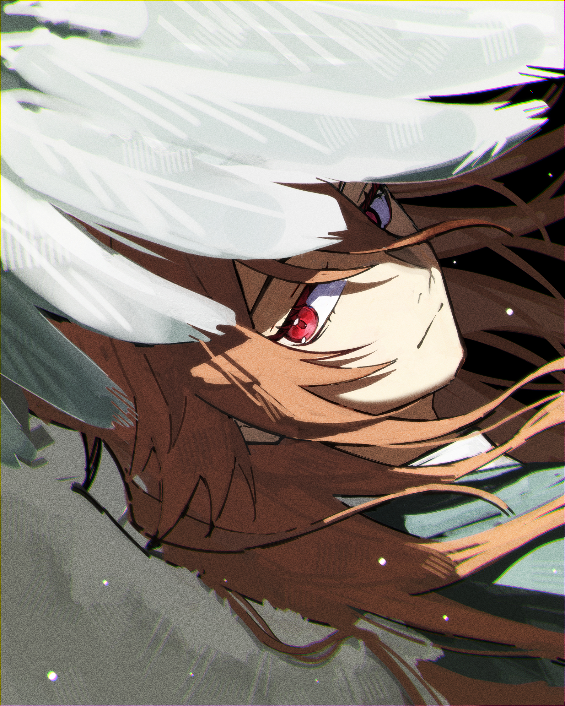 angel devil (chainsaw man), chainsaw man, highres, 1boy, closed mouth, hair between eyes, kawausotrpg, long hair, looking at viewer, male focus, orange hair, red eyes, solo, white wings, wings