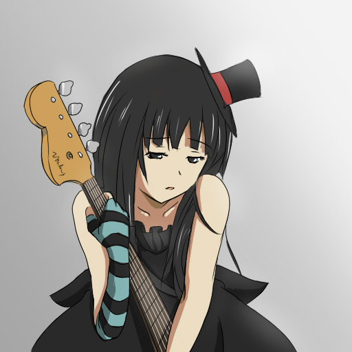 mako (pixiv), akiyama mio, don't say "lazy", k-on!, 00s, 1girl, bass guitar, female focus, hat, instrument, long hair, mini hat, mini top hat, solo, top hat