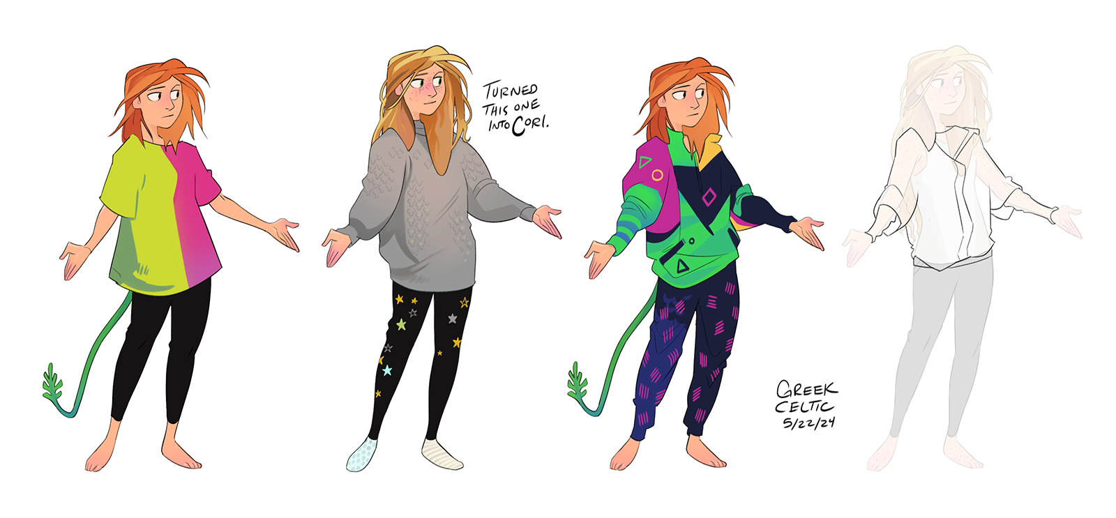 highres, 1girl, black pants, black shirt, blue pants, dated, full body, greekceltic, green shirt, grey shirt, jacky (greekceltic), long sleeves, medium hair, multiple persona, orange hair, outstretched arms, pants, pink shirt, print pants, print shirt, shirt, short sleeves, signature, simple background, tail, yellow shirt