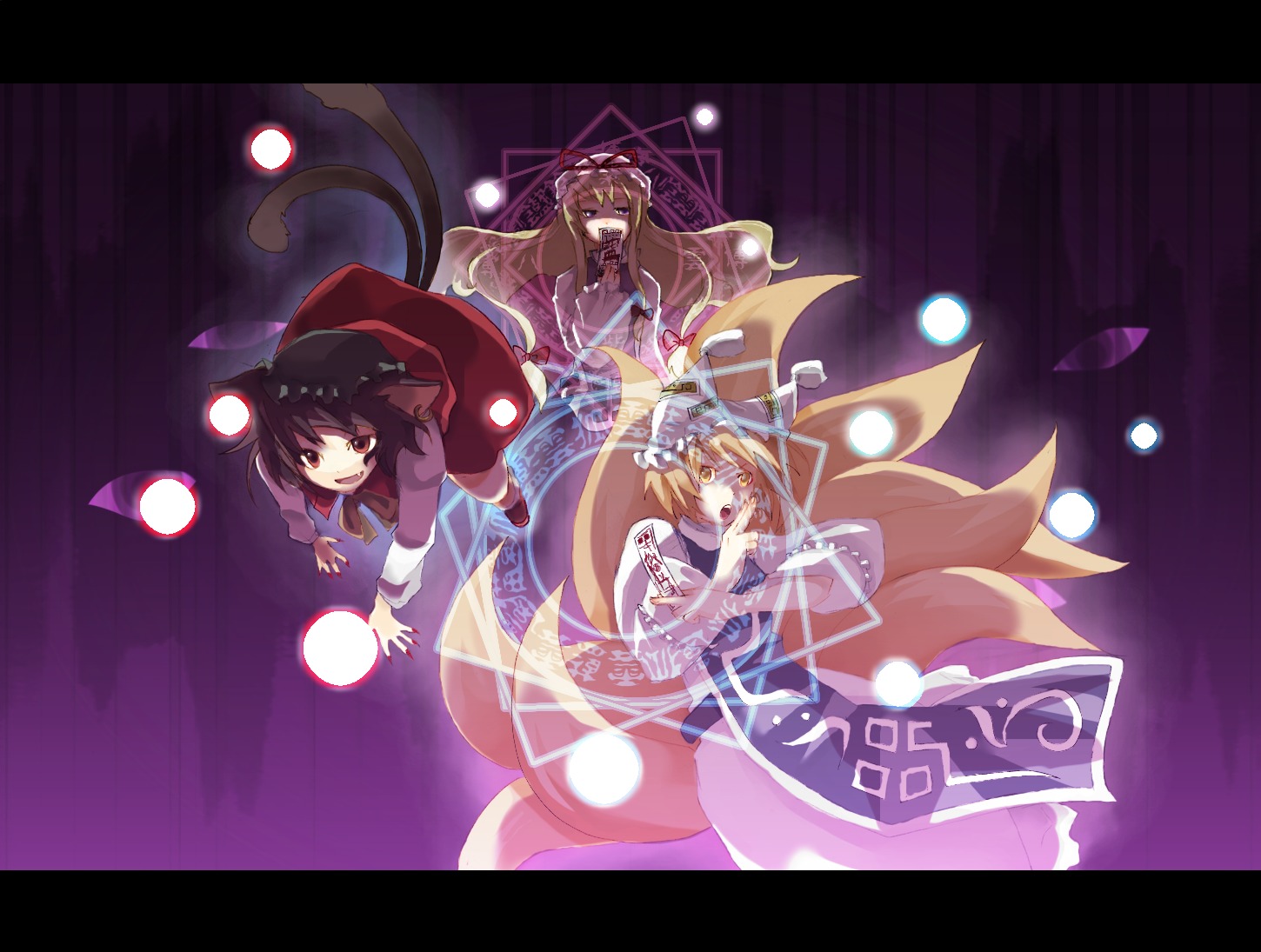 esto (75191), chen, yakumo ran, yakumo yukari, touhou, bad id, bad pixiv id, 3girls, animal ears, animal hat, blonde hair, brown hair, cat ears, cat girl, cat tail, earrings, fang, female focus, fox tail, hat, jewelry, letterboxed, long hair, long sleeves, magic circle, mob cap, multiple girls, multiple tails, open mouth, shoes, short hair, tail, tassel, wide sleeves