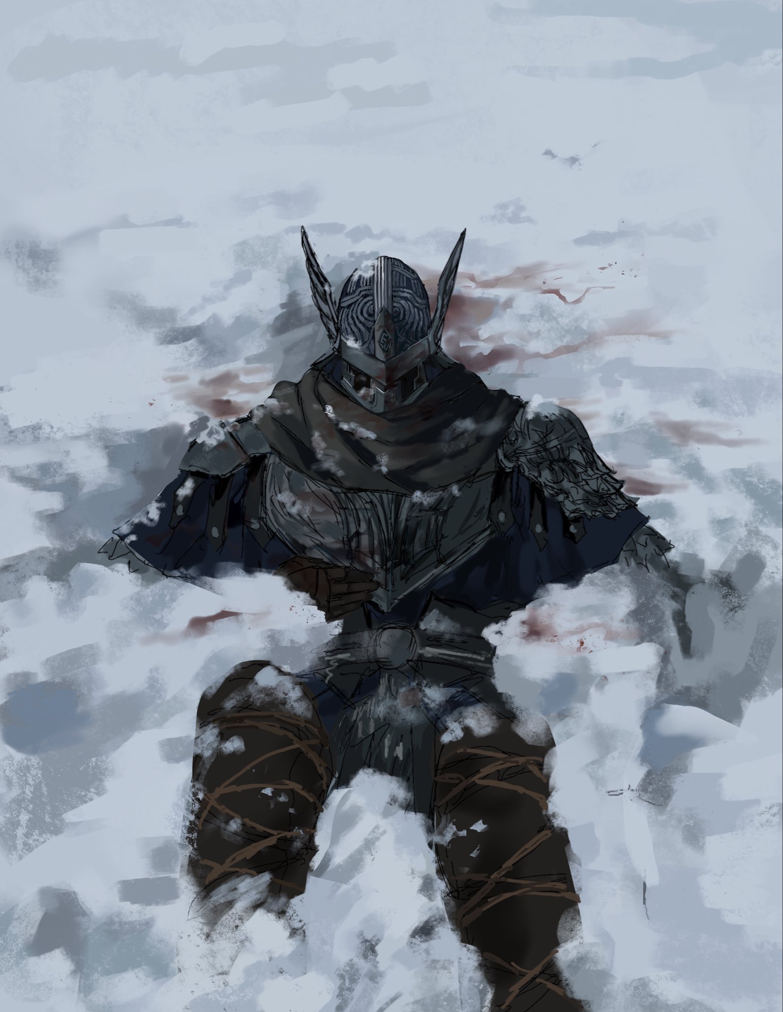 wylder (elden ring), elden ring, elden ring nightreign, commentary, english commentary, highres, 1boy, armor, bl1ghtr3aver, black scarf, blue shirt, breastplate, feet out of frame, helmet, male focus, pants, scarf, shirt, snow, solo, winged helmet