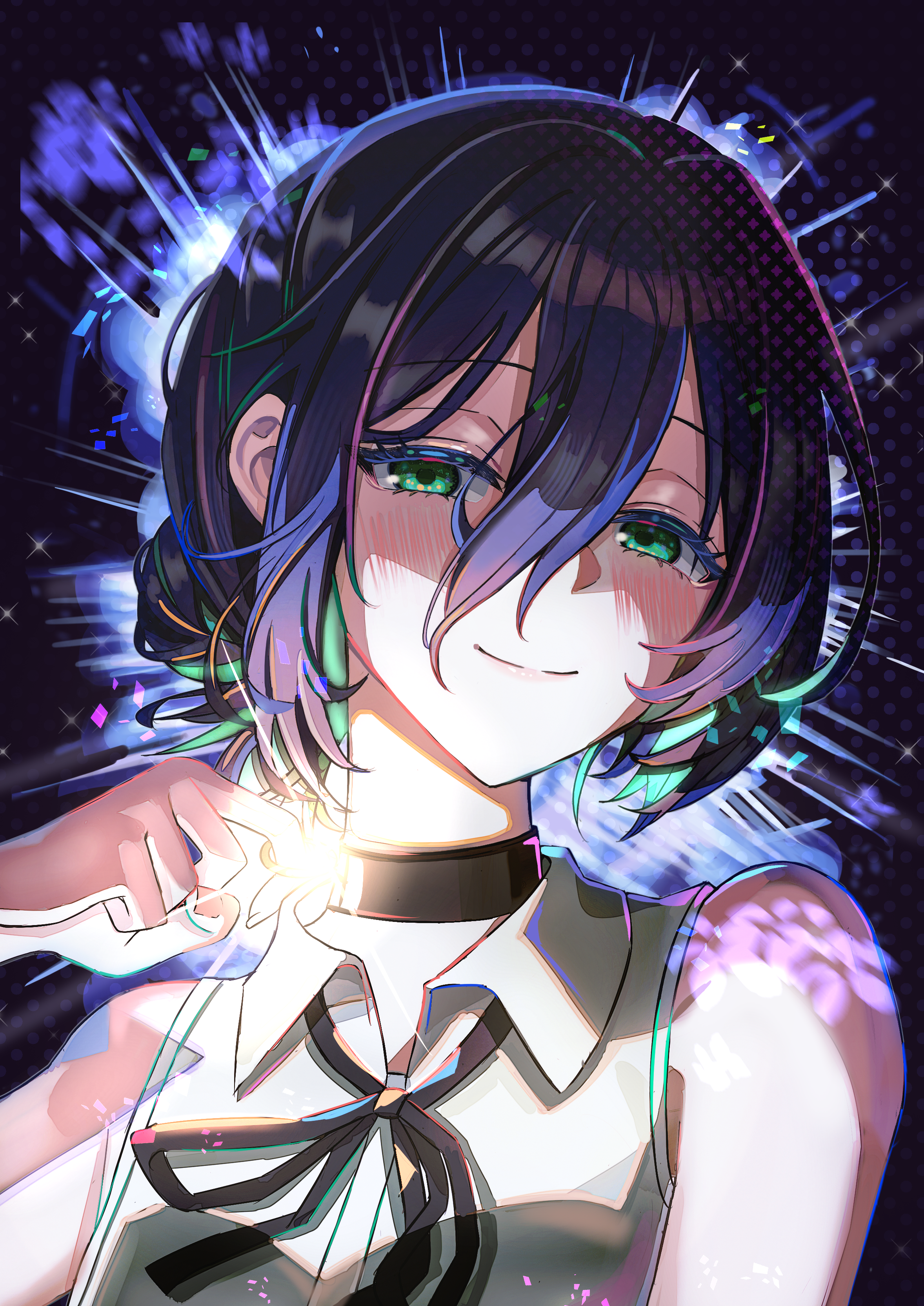 reze (chainsaw man), chainsaw man, absurdres, highres, 1girl, black choker, black ribbon, choker, closed mouth, collared shirt, eum751, green eyes, hair between eyes, hair bun, imminent explosion, looking at viewer, neck ribbon, purple hair, ribbon, shirt, sleeveless, sleeveless shirt, smile, solo, white shirt