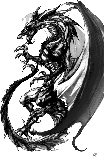 artist request, character request, copyright request, tagme, black dragon, claws, dragon, horns, monochrome, no humans, open mouth, solo, tail, wings