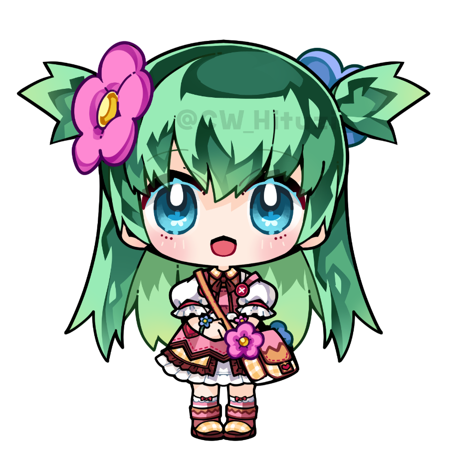 shabotan alma, emil chronicle online, 1girl, apron, bag, blue eyes, brown jacket, chibi, cw hituzi, dress, green hair, jacket, long hair, open mouth, pink apron, pink socks, shoulder bag, socks, solo, striped clothes, striped socks, twitter username, two side up, watermark, white background, white dress, white socks