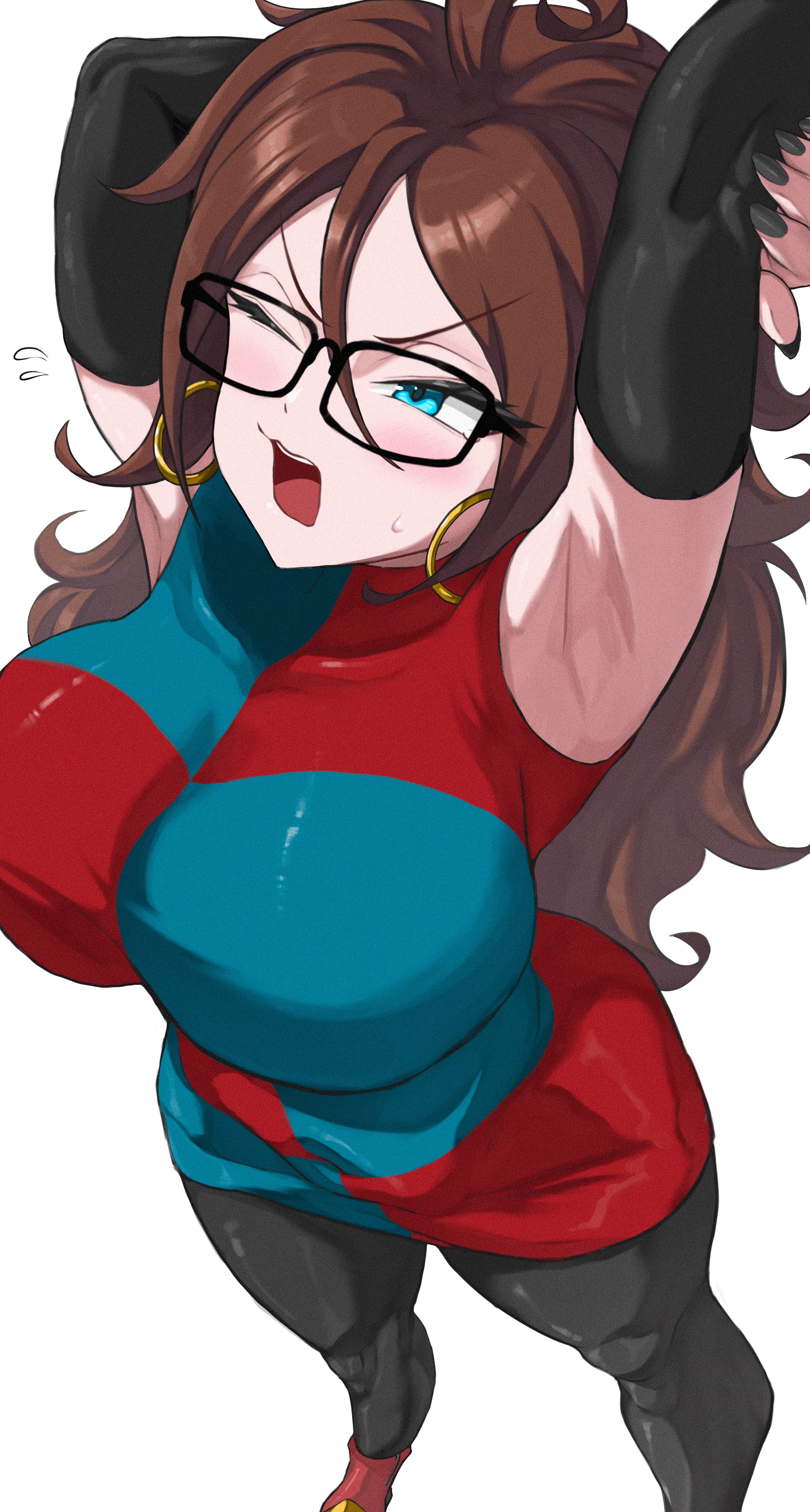 android 21, dragon ball, absurdres, highres, 1girl, armpits, arms up, blue eyes, blush, breasts, brown hair, curvy, detached sleeves, earrings, female focus, glasses, hoop earrings, jewelry, large breasts, long hair, nail polish, one eye closed, solo, sweat, takundraws, thick thighs, thighs
