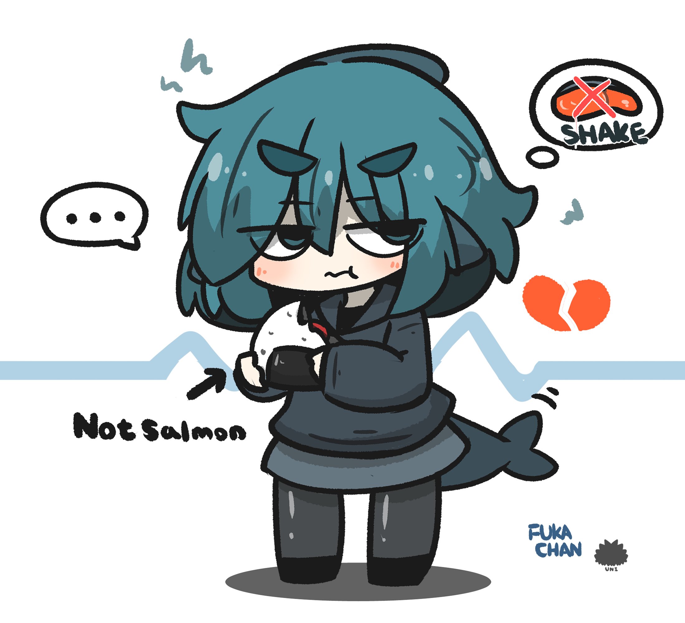 uni souchou, fuka-chan, original, commentary request, highres, …, 1girl, :t, arrow (symbol), black hoodie, black shoes, blue eyes, blue hair, blush, broken heart, cardiogram, character name, chibi, closed mouth, eating, english text, fins, fish tail, food, full body, grey pantyhose, grey skirt, hair between eyes, heart, holding, holding food, hood, hood down, hoodie, long sleeves, motion lines, onigiri, pantyhose, salmon, sea urchin, shark tail, shoes, short eyebrows, skirt, sleeves past wrists, solo, spoken ellipsis, spoken food, squiggle, standing, tail, thick eyebrows, v-shaped eyebrows, wavy mouth, white background