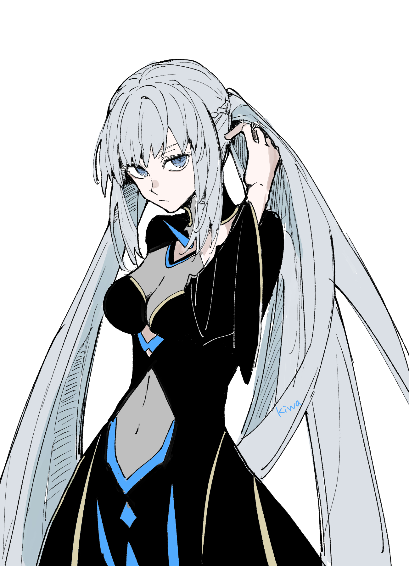 ki wa001, morgan le fay (fate), fate/grand order, fate (series), highres, 1girl, black bow, black dress, blue eyes, bow, braid, breasts, cleavage, dress, grey hair, hair bow, half up braid, large breasts, long hair, long sleeves, looking at viewer, navel, ponytail, sidelocks, simple background, solo, very long hair, white background, white hair