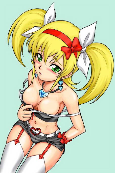 shishidou nami, sora wo kakeru shoujo, artist request, 00s, 1girl, bare shoulders, blonde hair, blush, bow, breasts, cleavage, downblouse, earrings, female focus, green eyes, hair bow, jewelry, long hair, looking at viewer, medium breasts, navel, necklace, no bra, off shoulder, parted lips, shorts, simple background, solo, strap slip, twintails, undressing