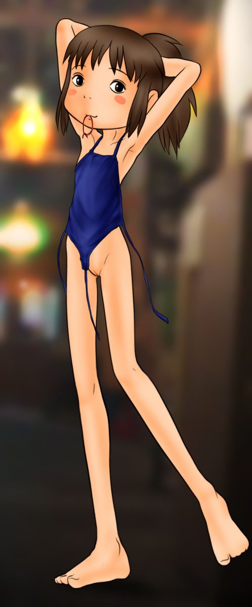 studio abuno culture, ogino chihiro, sen to chihiro no kamikakushi, studio ghibli, apron, blush, brown hair, loli, pussy, simple background, uncensored