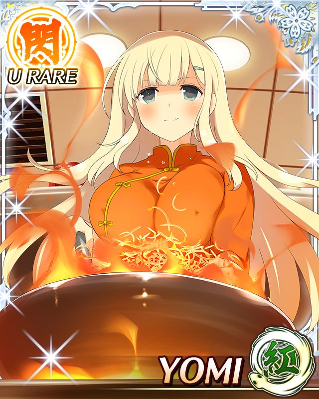 yomi (senran kagura), senran kagura, senran kagura new wave, game cg, non-web source, official art, 1girl, aqua eyes, blonde hair, border, breasts, chinese clothes, closed mouth, cooking, covered erect nipples, fire, hair ornament, hairclip, indoors, large breasts, long hair, official alternate costume, smile, solo, stove, sweat, wok
