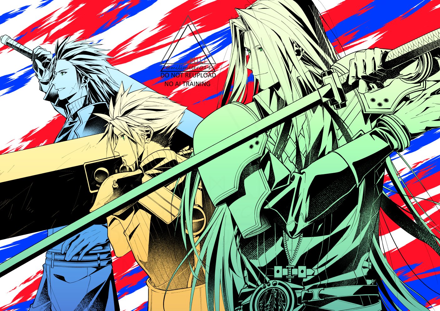 yunyunonigiri, cloud strife, sephiroth, zack fair, final fantasy, final fantasy vii, final fantasy vii rebirth, final fantasy vii remake, 3boys, armor, belt, buster sword, chest strap, closed mouth, cross scar, earrings, facial scar, gloves, hair slicked back, hand on own hip, holding, holding sword, holding weapon, jewelry, light smile, long hair, male focus, masamune (ff7), multiple boys, parted bangs, parted lips, pauldrons, scar, scar on cheek, scar on face, short hair, shoulder armor, sideburns, single earring, sleeveless, sleeveless turtleneck, spiked hair, suspenders, sword, turtleneck, twitter username, upper body, weapon