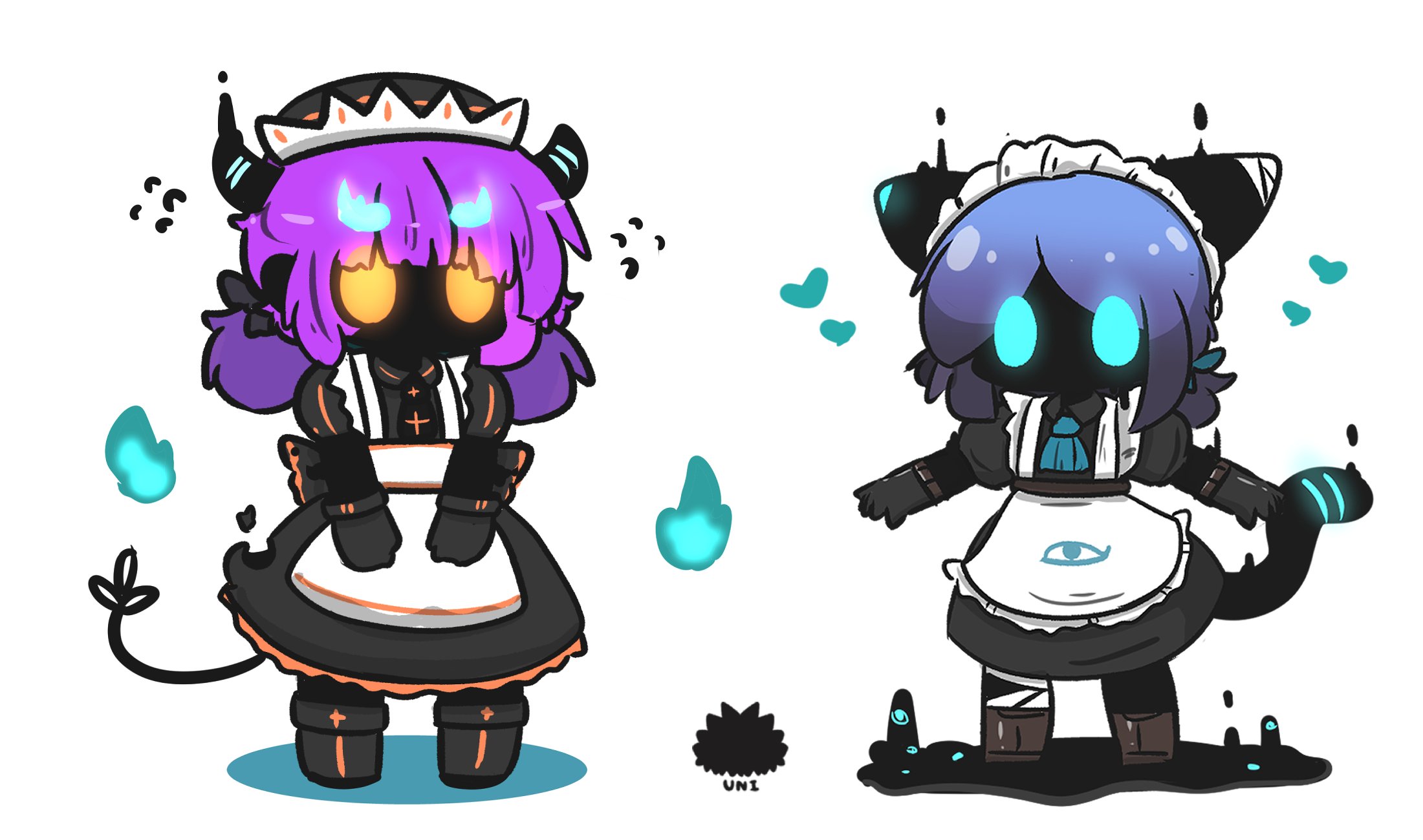 uni souchou, original, commentary request, highres, 2girls, apron, bandaged leg, bandages, black boots, black dress, black hat, black skin, blue eyes, boots, brown boots, brown eyes, chibi, collared dress, colored shadow, colored skin, dress, flying sweatdrops, frilled apron, frills, glowing, glowing eyes, hat, heart, hitodama, living shadow, maid, maid headdress, multiple girls, puffy short sleeves, puffy sleeves, sea urchin, shadow, short sleeves, tail, white apron, white background