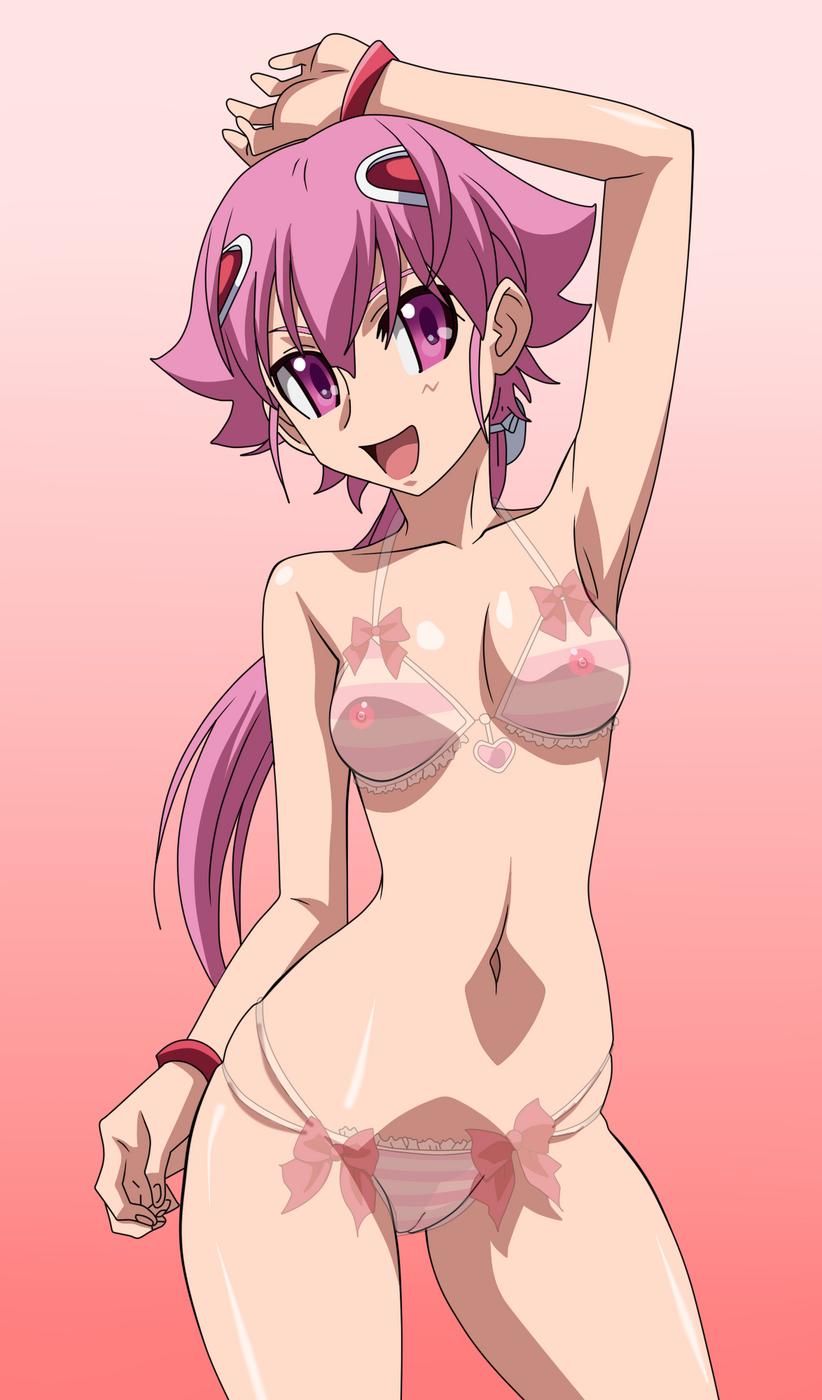 shishidou akiha, sora wo kakeru shoujo, highres, 00s, bikini, bra, lingerie, panties, pink eyes, pink hair, see-through clothes, swimsuit, transparent, underwear