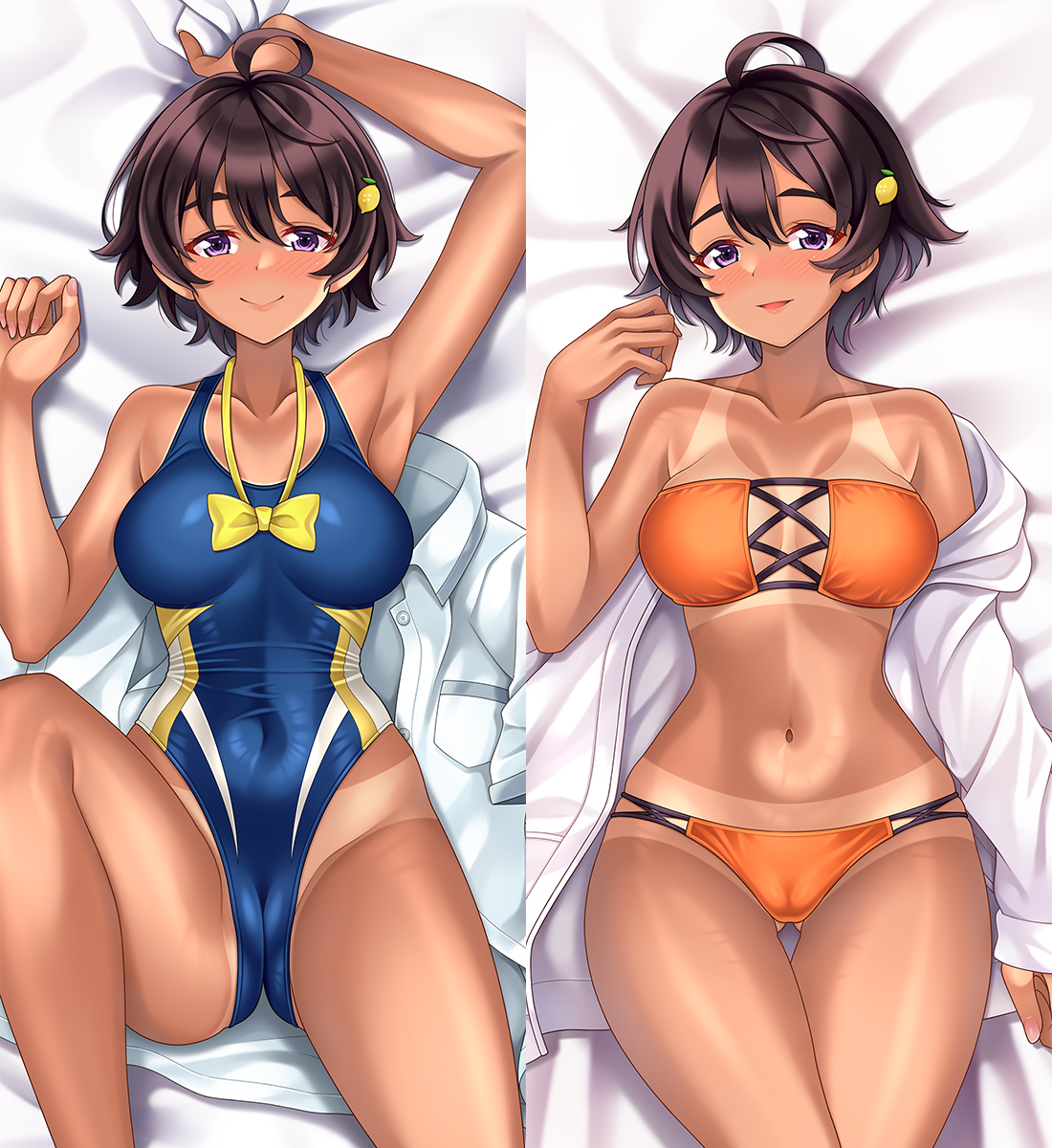 suzu miya, yakishio lemon, cuddly octopus, make heroine ga oo sugiru!, commentary request, highres, 1girl, bikini, bikini tan, blue one-piece swimsuit, bow, bowtie, breasts, brown hair, closed mouth, collarbone, covered navel, cowboy shot, dakimakura (medium), food-themed hair ornament, grey skirt, hair ornament, jacket, knee up, lemon hair ornament, looking at viewer, lying, medium breasts, multiple views, navel, on back, one-piece swimsuit, orange bikini, parted lips, pleated skirt, purple eyes, shirt, short hair, skirt, smile, strapless, strapless bikini, swimsuit, tan, tanline, unworn shirt, unworn skirt, white jacket, white shirt, yellow bow, yellow bowtie