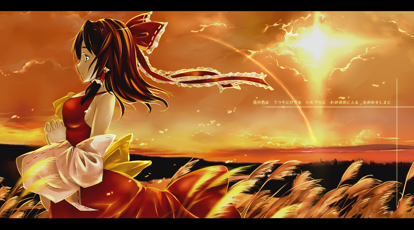 sunway, hakurei reimu, touhou, 1girl, breasts, brown hair, detached sleeves, female focus, japanese clothes, letterboxed, miko, nature, outdoors, plant, sky, solo, sunset