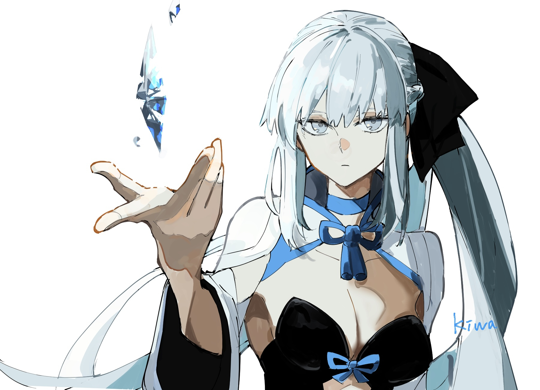 ki wa001, morgan le fay (fate), fate/grand order, fate (series), highres, 1girl, black bow, black dress, blue eyes, bow, braid, breasts, cleavage, crystal, dress, floating, floating object, grey hair, hair bow, half up braid, large breasts, long hair, long sleeves, looking at viewer, ponytail, sidelocks, simple background, solo, very long hair, white background