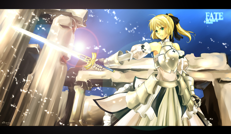 sunway, artoria pendragon (fate), saber (fate), saber lily, capcom, fate/stay night, fate/unlimited codes, fate (series), 00s, 1girl, armor, armored dress, bare shoulders, blonde hair, dress, female focus, gauntlets, green eyes, ponytail, solo, sword, weapon