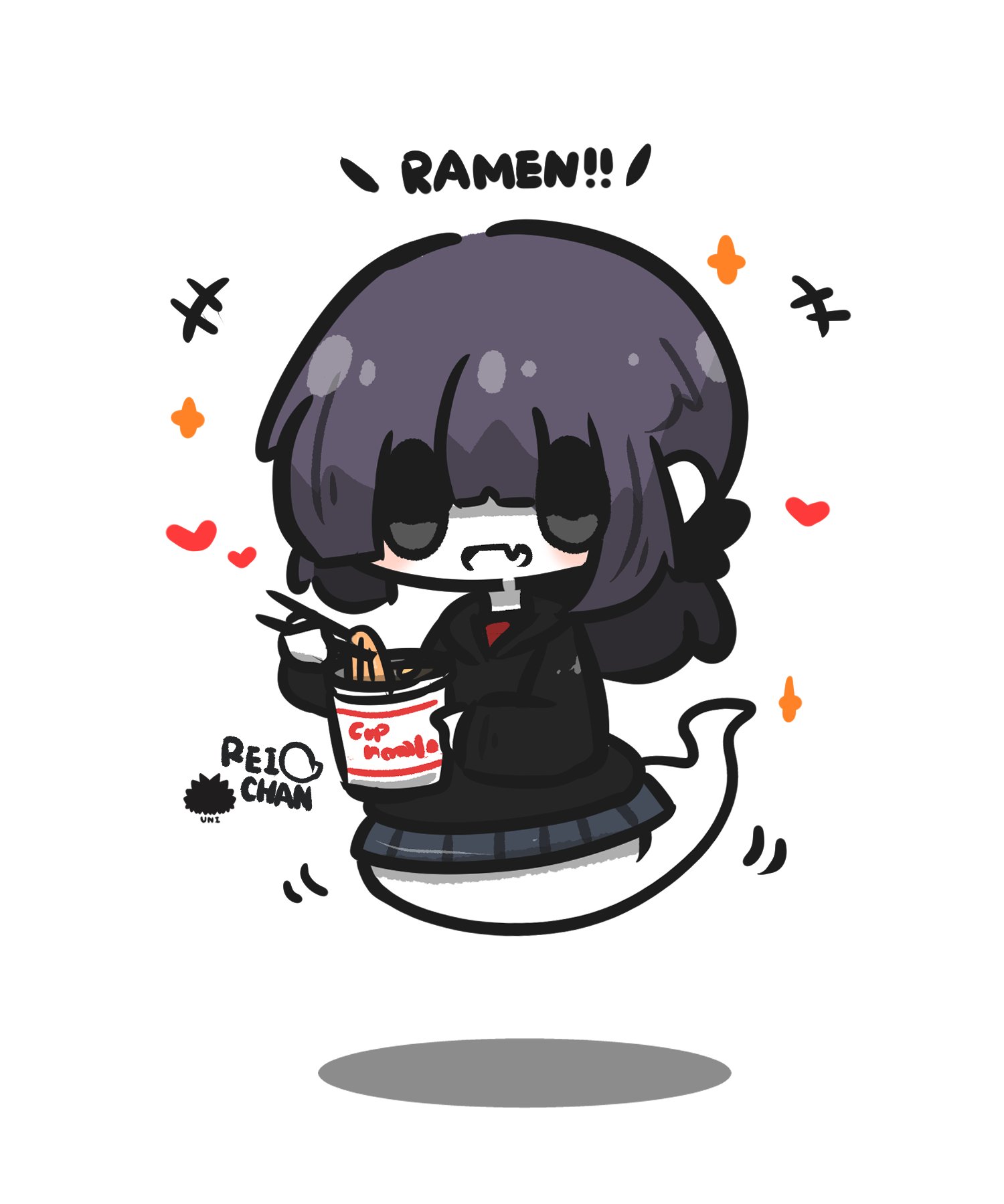 uni souchou, original, commentary request, highres, +++, 1girl, :d, blush, character name, chibi, chopsticks, cup, cup ramen, disposable cup, fang, food, full body, ghost tail, grey eyes, heart, holding, holding chopsticks, holding cup, looking at viewer, motion lines, noodles, open mouth, pale skin, purple hair, sea urchin, shadow, simple background, smile, solo, sparkle, white background
