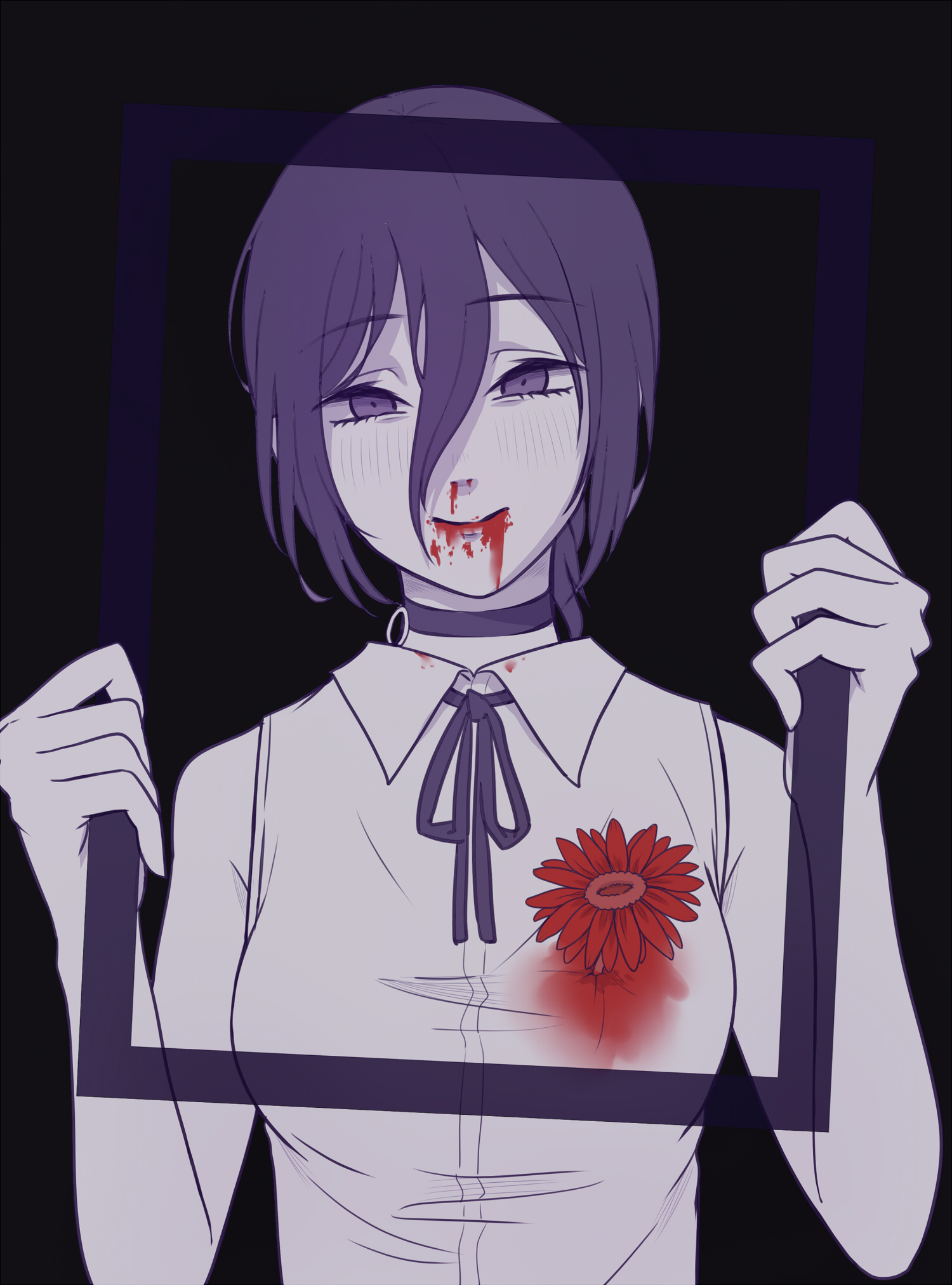 reze (chainsaw man), chainsaw man, highres, 1girl, 57050654, black background, blood, blood on clothes, blood on face, choker, closed mouth, collared shirt, flower, grenade pin, hair between eyes, holding, holding picture frame, looking at viewer, neck ribbon, picture frame, purple choker, purple eyes, purple hair, purple ribbon, red flower, ribbon, shirt, smile, solo, white shirt